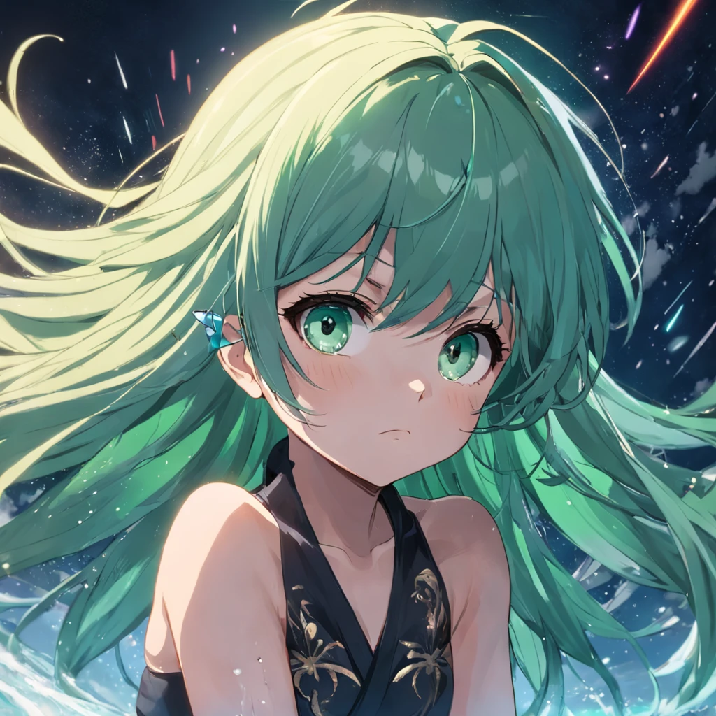 uma menina pequena, com cabelo verde claro, olhos azuis, usando um biquini preto