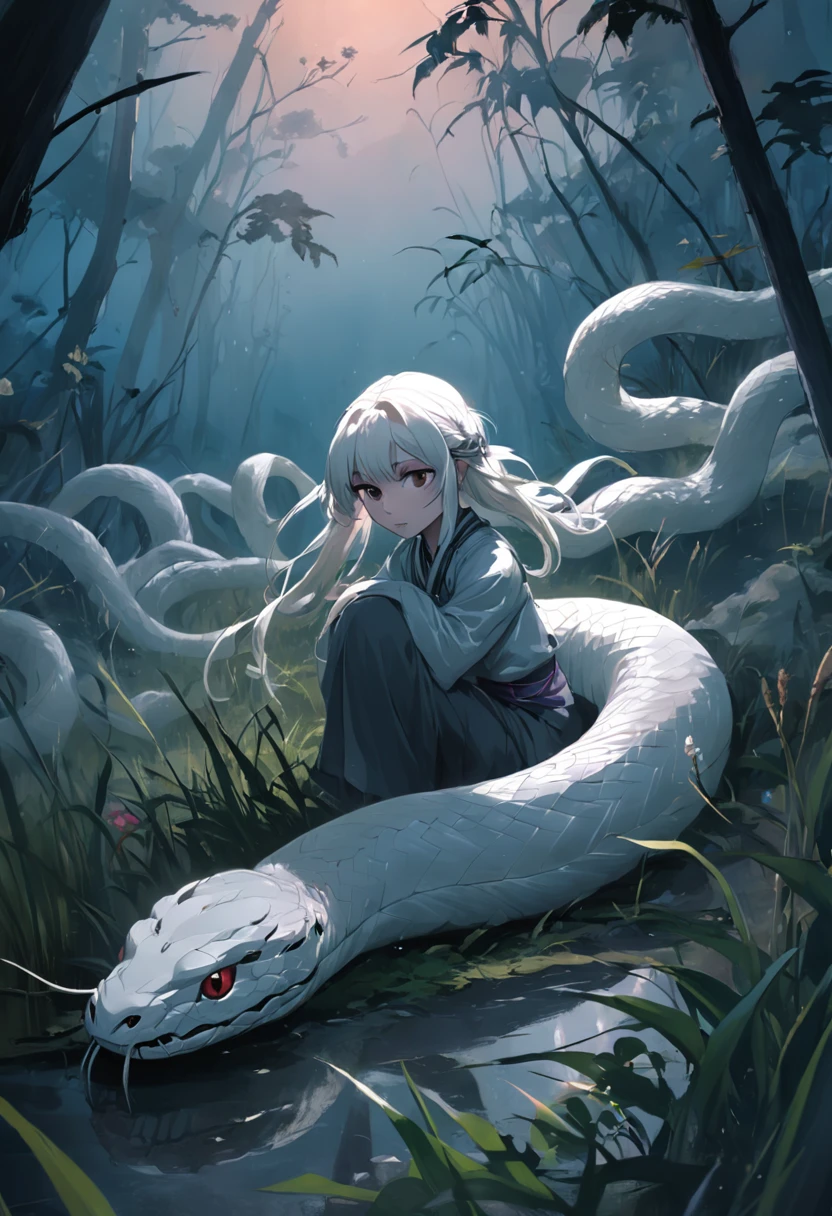 A small white snake,In the grass,Eerie light,Dark night,high high quality,fog atmosphere,(Chinese folk suspense supernatural comic style),High detail, Sharp focus, Dramatic,The art of painting by Midjourney and Greg Rutkowski, Bokeh on the background