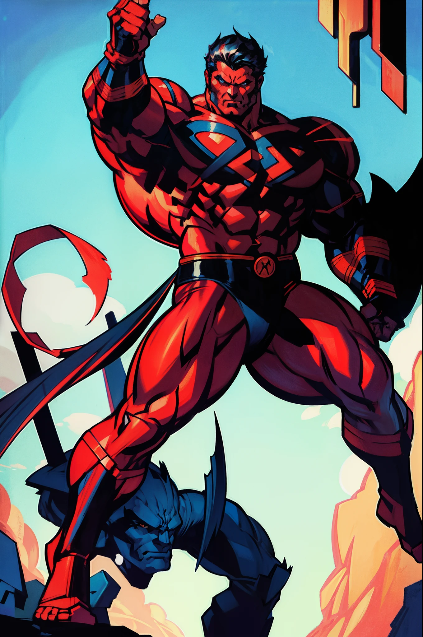 superhero barbarian, muscular, black hair, beastman, standing, 1character
