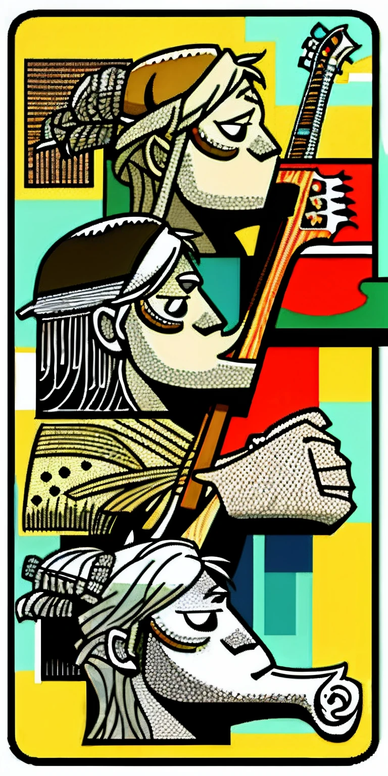 Sticker style group of Vikings playing music at concert scene,New Japanese Pop Art