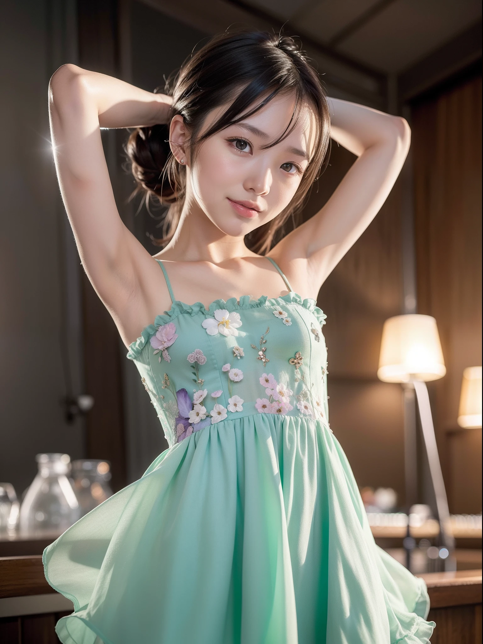 ((of the highest quality, 8K, masutepiece: 1.3, Raw photo)), Sharp Focus: 1.2, (1 AESPA Girl :1.1), Solo, (Realistic, Photorealistic: 1.37), (Face Focus: 1.1), Cute face, hyperdetailed face, short messy hair, Small Smile, small breasts, flat chest, ,see through, Off-the-shoulder chiffon dress, standing, from below, arms up, (night, bar: 1.1), flower, iris