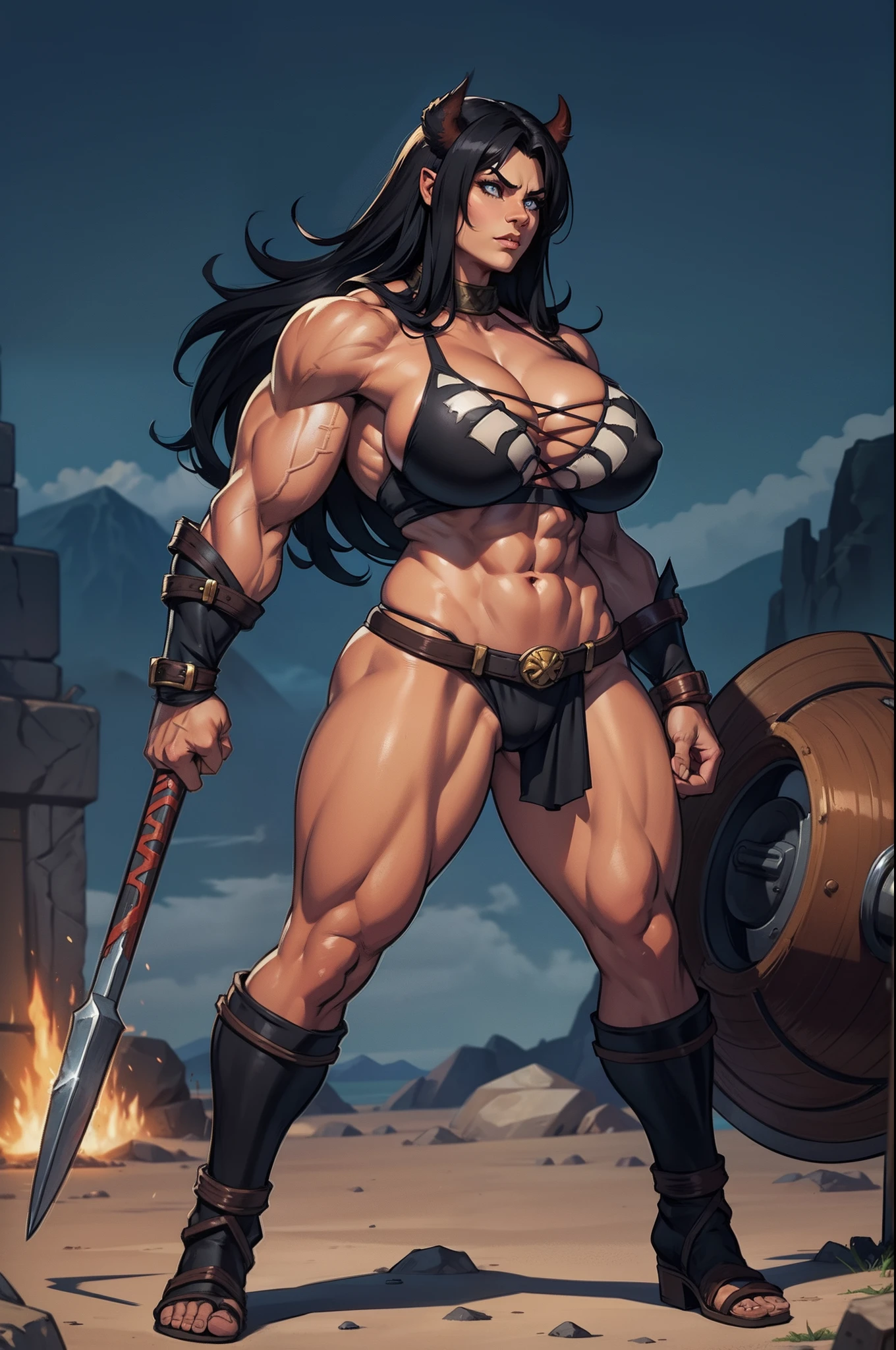 superhero barbarian, muscular female, black hair, beastman, standing, 1character, huge breast, full body