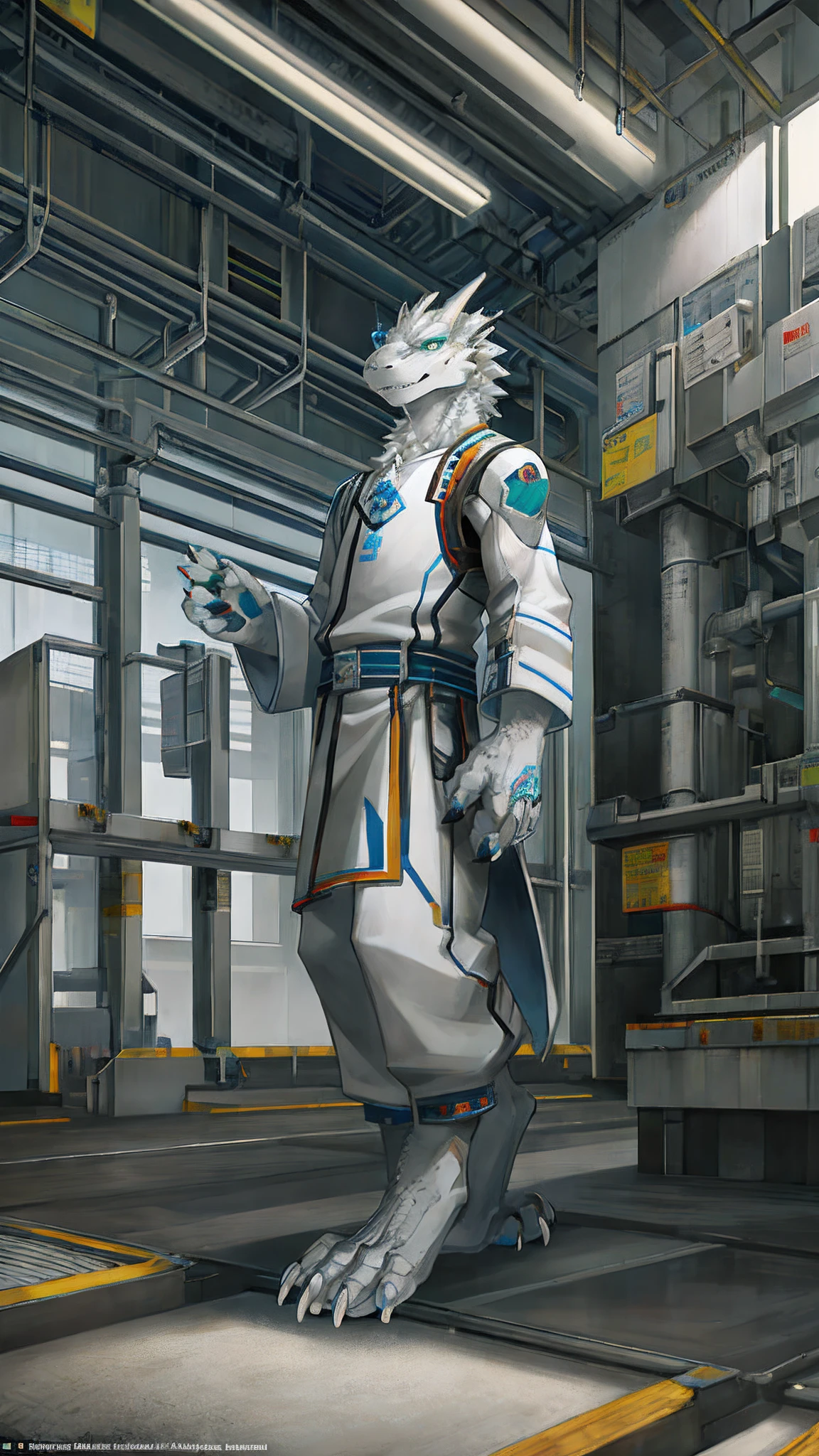 Bionic robot Dragon,White dragon,White Hanfu,Anthore,Stand on the conveyor belt of the factory,HD graphics,Detailed and realistic,high detal,high qulity,photo-realistic,photorealistic eye,Detailed paws,Clear eyes,Masterpiece artwork,Five-fingered hands,top-quality,32K,hyper HD