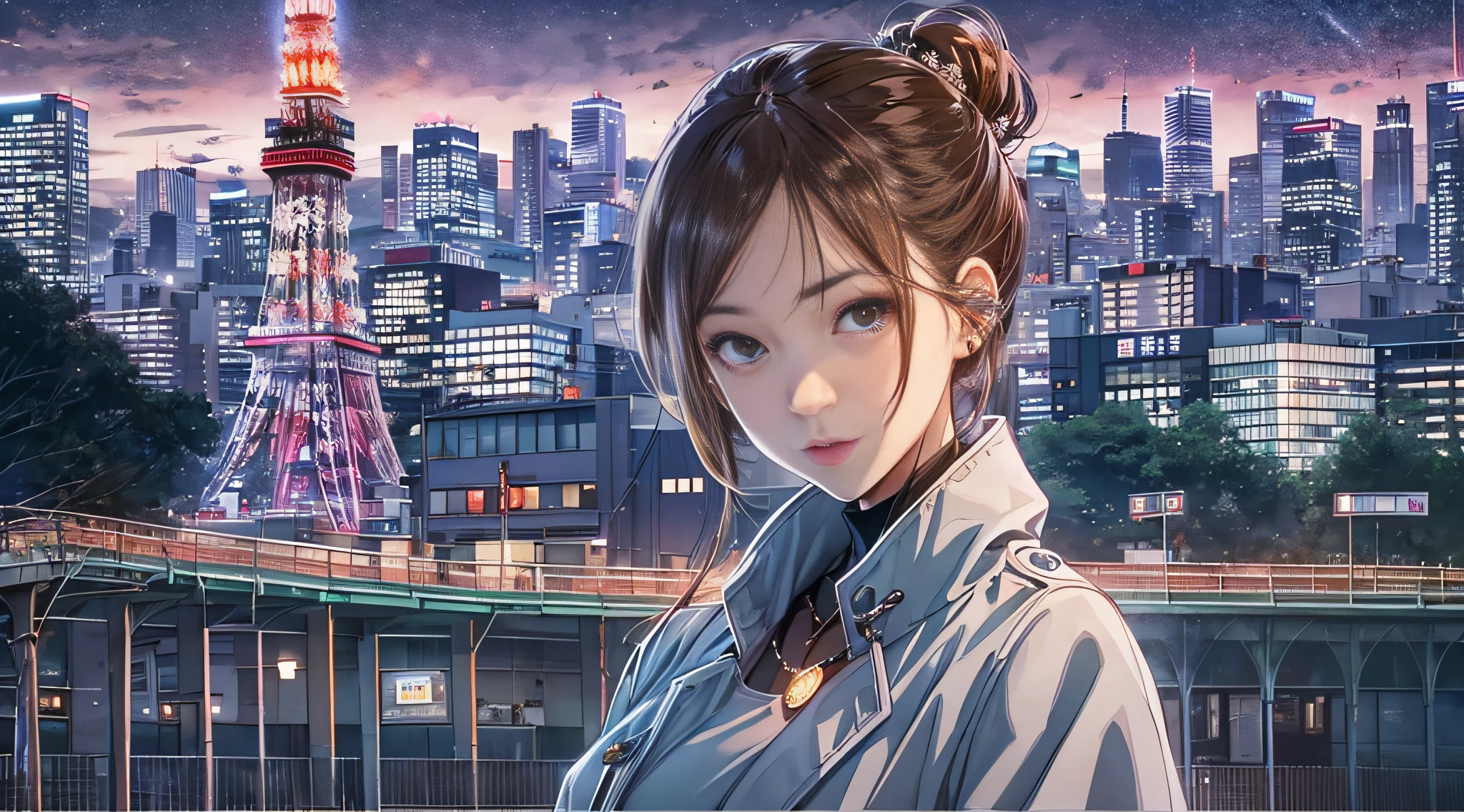 With Tokyo Tower in the background at night、There is a woman in a long coat。She has pale black eyes and a chignon hairstyle.、There are almost no people around。piercings、a necklace、A bracelet、wrist watch、I also wear long boots。