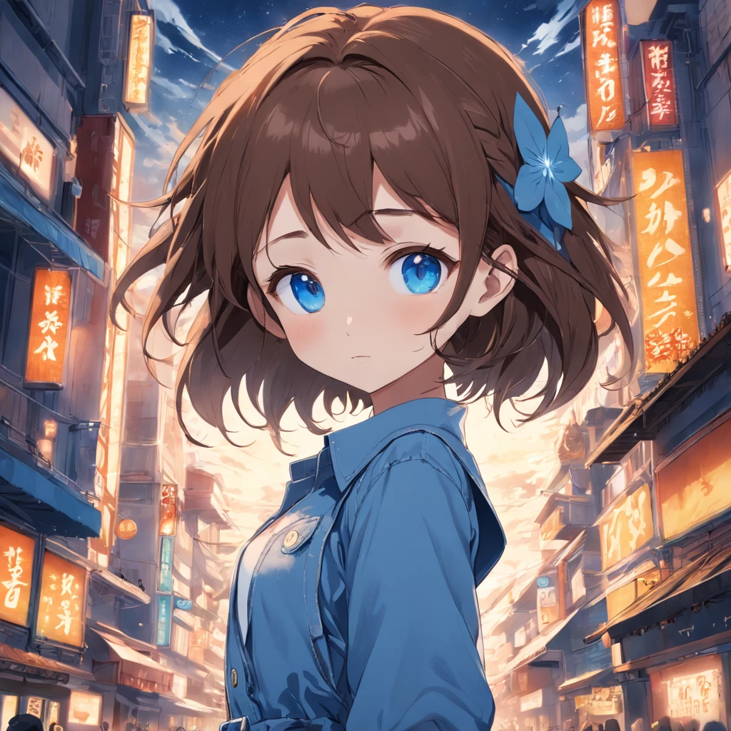 little fairys, brown hair, blue color eyes, Wear denim jumpsuits and a white shirt