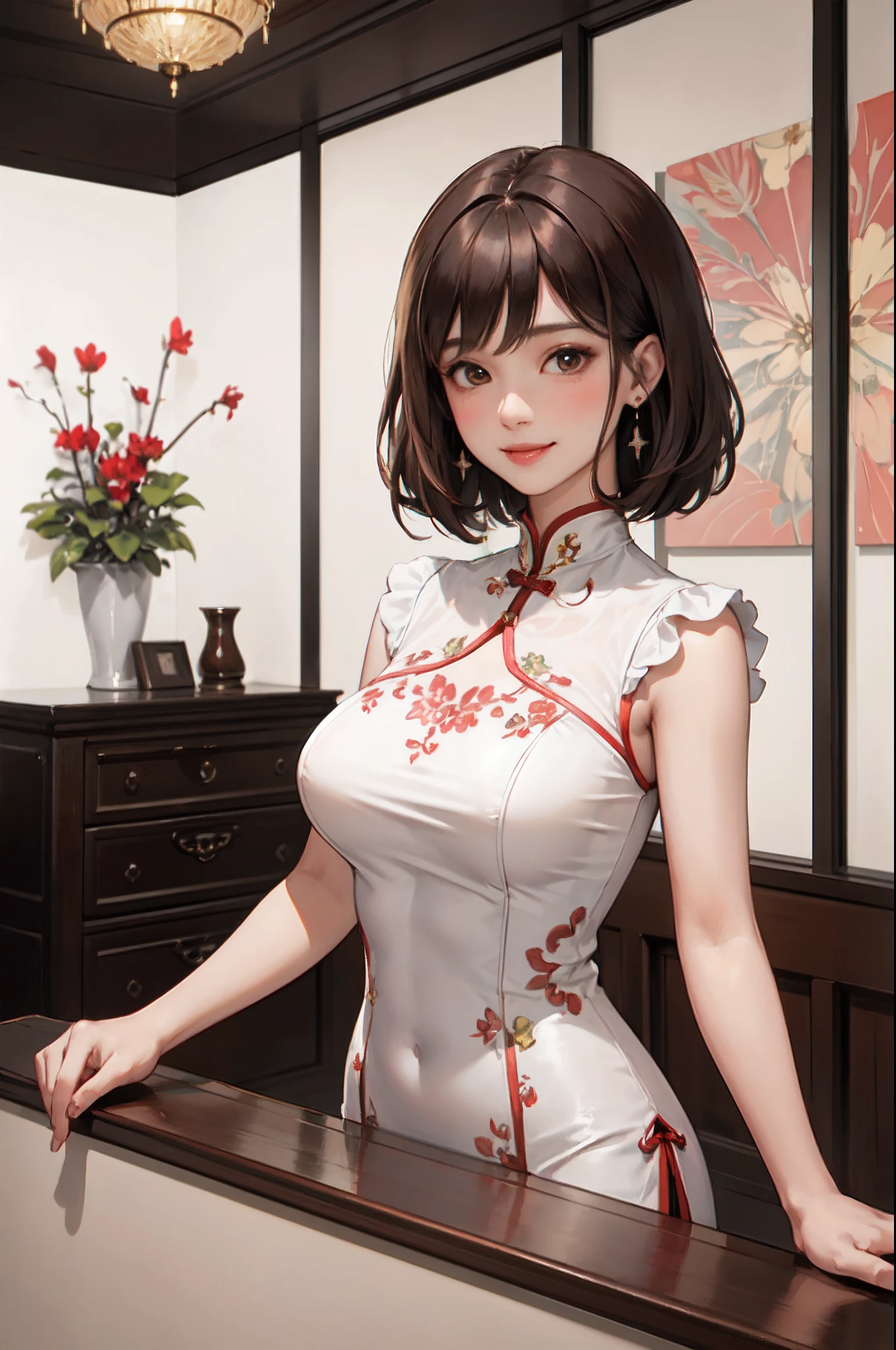 luxury hotel entrance indoors, 1lady solo mature female /(brown medium hair/) bangs, white cheongsam, blush kind smile, (masterpiece best quality:1.3) delicate illustration high resolution ultra-detailed perfect face beautiful skin large breast