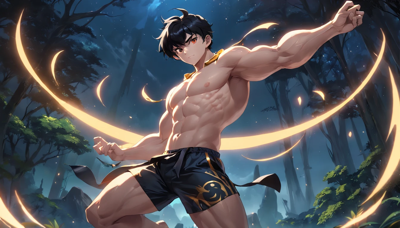 1 guy, ig model, league of legends, valorant, action pose, arms up, arms behind head, black hair, gold eyes, lewd face, muscular, wide hips, thick thighs, muscles, abs, realistic, ray traced, jungle, grass, trees, night, stars, moon, clouds