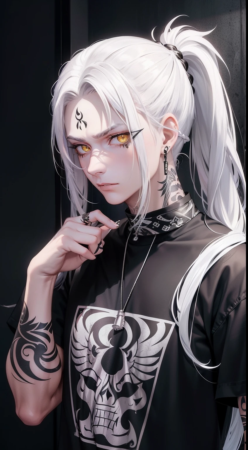 Highest details Young adult Male with white long hair tied up in ponytail, yellow eyes, wearing punk clothes, ,with tattoo on his neck and face, clean face, Magic glowing eyes, serious look, gang meber, handsome
