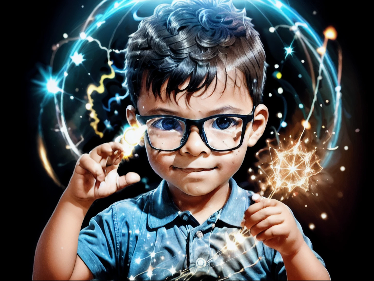 loranerdinho1, Create an incredibly detailed illustration of a 3-year-old boy wearing glasses, Usando magia. Rays of blue and yellow light with sparks emanate from his hands. ((Behind him, There is an open portal showing another world)). The environment must be magical, and the boy's expression must be one of astonishment and curiosity as he concentrates on his hands. Render this illustration in Octane at an 8k resolution (Magic:1.2) (Detailed illustration) (magia cintilante) (portal para outro mundo) (confident expression) (magical ambiance)