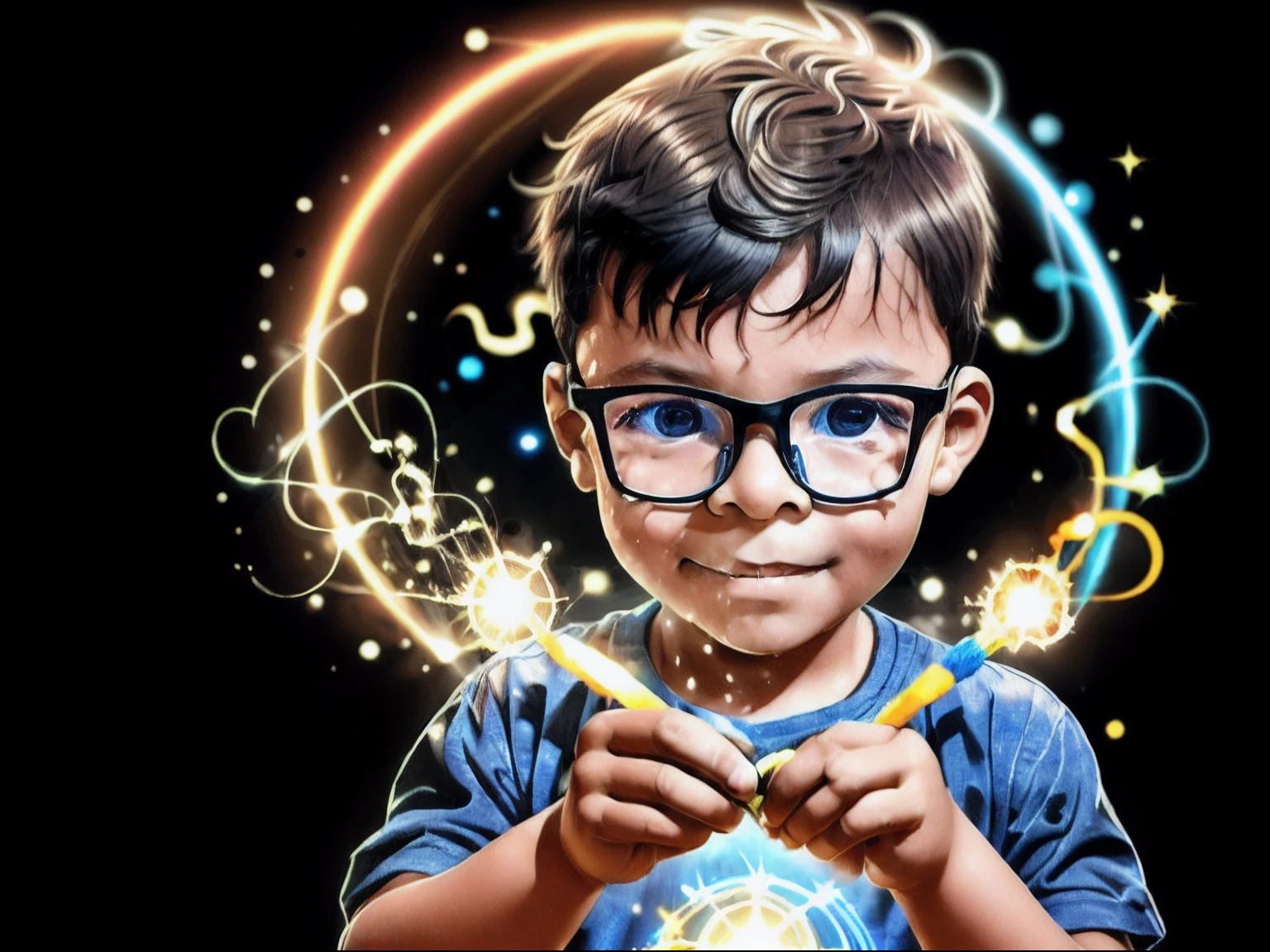 loranerdinho1, Create an incredibly detailed illustration of a 3-year-old boy wearing glasses, Usando magia. Rays of blue and yellow light with sparks emanate from his hands. ((Behind him, There is an open portal showing another world)). The environment must be magical, and the boy's expression must be one of astonishment and curiosity as he concentrates on his hands. Render this illustration in Octane at an 8k resolution (Magic:1.2) (Detailed illustration) (magia cintilante) (portal para outro mundo) (confident expression) (magical ambiance)