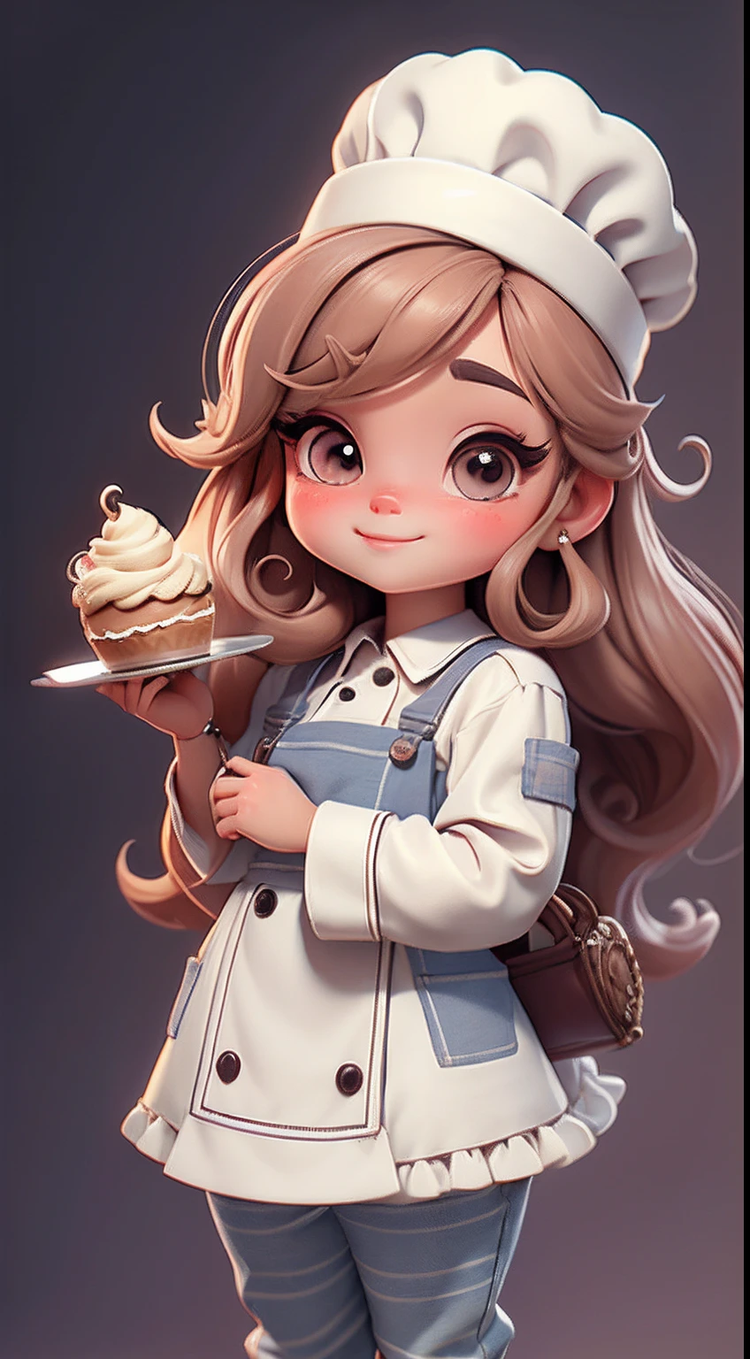 Create a series of cute baby chibi style dolls with a cute pastry chef theme, each with lots of detail and in an 8K resolution. All dolls should follow the same solid background pattern and be complete in the image, mostrando o (corpo inteiro, incluindo as pernas: 1.5)

Boneca Mini Chef: Chame-a de Marina. Ela deve ter cabelo curto e liso em tom moreno marrom. Seus olhos devem ser grandes e expressivos, with long eyelashes and rosy cheeks. Sorriso delicado e branco. Sophie deve estar vestida com uma jaqueta de chef, striped pants and an ornate chef's hat. She must hold a chocolate brigadier in her hands. Certifique-se de adicionar detalhes nas roupas, such as buttons and pockets, sapato bonito

Certifique-se de adicionar sombras, texturas e detalhes nos cabelos, roupas, confectionery utensils, to make them even more adorable and charming.