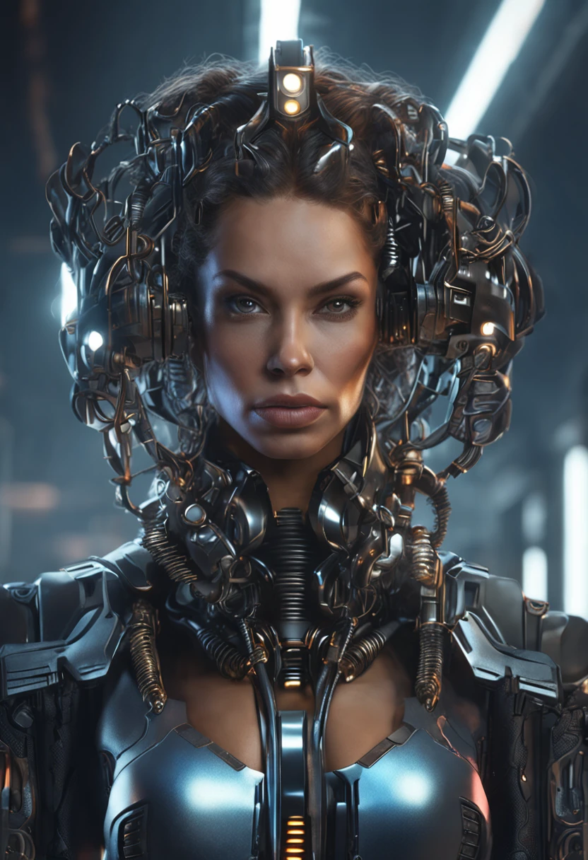Futuristic portrait of American businesswoman with drill bit, Regal ring, Corkscrew curls, Sci-fi, techwear outfits, Glowing lights, Looking directly at, symetry, Depth of field, Intricate, elegant, Highly detailed, Digital painting, art stations, concept-art, smooth, Sharp focus, illustration, art of greg rutkowski, and Boris Vallejo