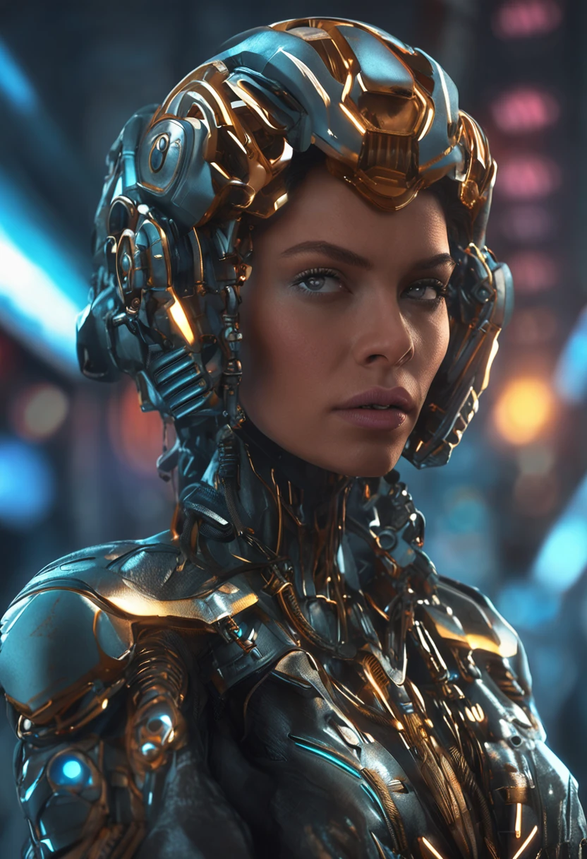 Futuristic portrait of American businesswoman with drill bit, Regal ring, Corkscrew curls, Sci-fi, techwear outfits, Glowing lights, Looking directly at, symetry, Depth of field, Intricate, elegant, Highly detailed, Digital painting, art stations, concept-art, smooth, Sharp focus, illustration, art of greg rutkowski, and Boris Vallejo