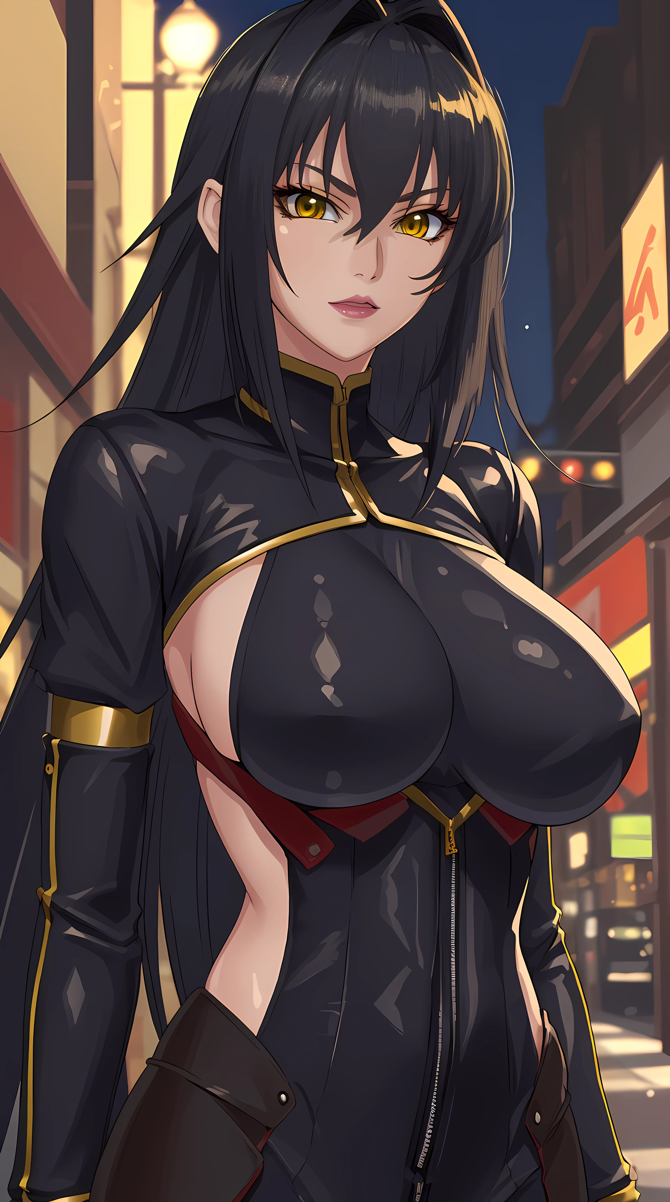Annerose, 1girl, female mature, black hair, long hair, yellow eyes, large breasts, skin tight, hair intakes, (exquisite character details, beautiful lips, beautiful yellow eyes, beautiful face, beautiful and properly clothed), extremely detail unity 8k wallpaper, (solo:1.5), extremely detail downtown as background, (bodysuit, fully suited, closed clothes)
