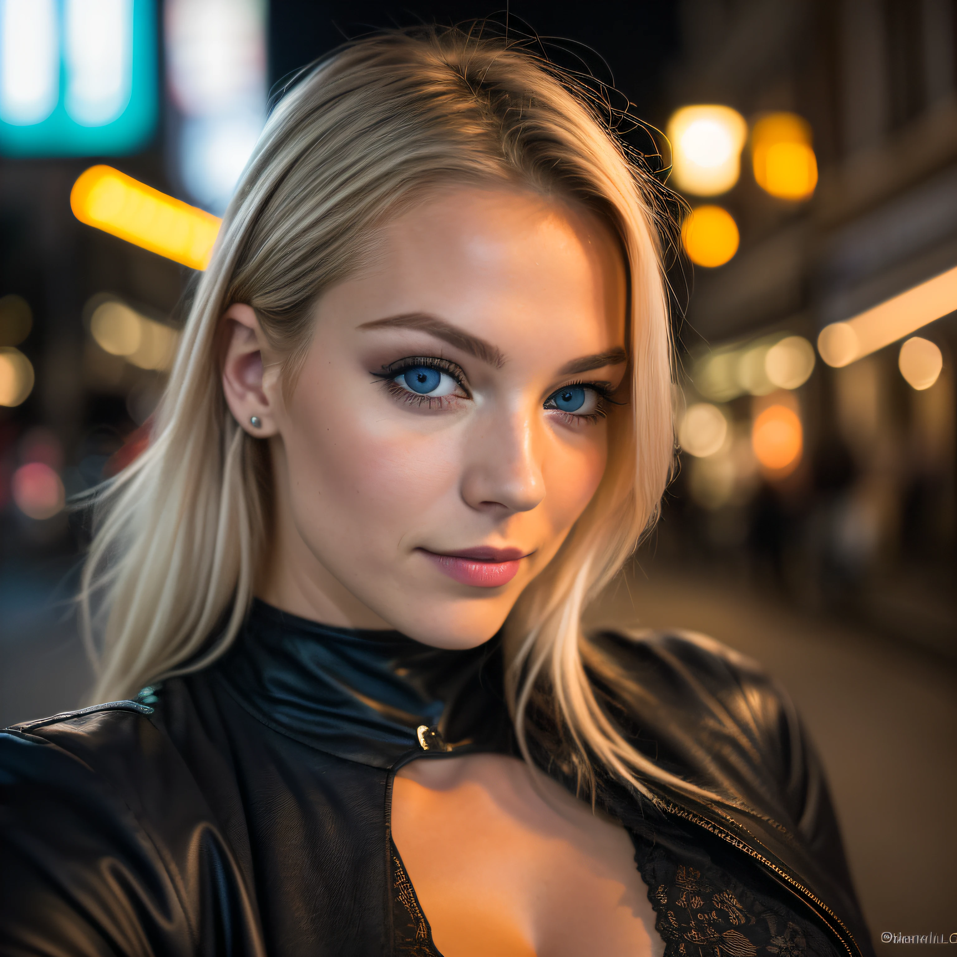 (Selfie, Draufsicht: 1.4), (straight half of the body: 1.4), RAW UHD portrait photo of a 24-year-old blonde (Blue-eyed woman) Eine dunkle Gasse entlanggehen, big boobs,, Stadt bei Nacht, (Rock), (Ausschnitt), Details (Gewebe! , Haar! , Glitzer, Farbe!! , Benachteiligungen: 1.1), shiny eyes with high level of detail (Blick in die Kamera), SLR-Beleuchtung, Spiegelreflexkamera, ultra quality, Sharpness, Depth of field, Filmkorn (Mitte), Fujifilm XT3, kristallklar, Rahmenmitte, Beautiful face, Scharfer Fokus, Streetlight, Neonbeleuchtung, bokeh (schwach beleuchtet), Nacht, (Nachthimmel), Detaillierte Hautporen, Oily skin, Sonnenbrand, Komplexe AugenDetails, full entire body, big boobs