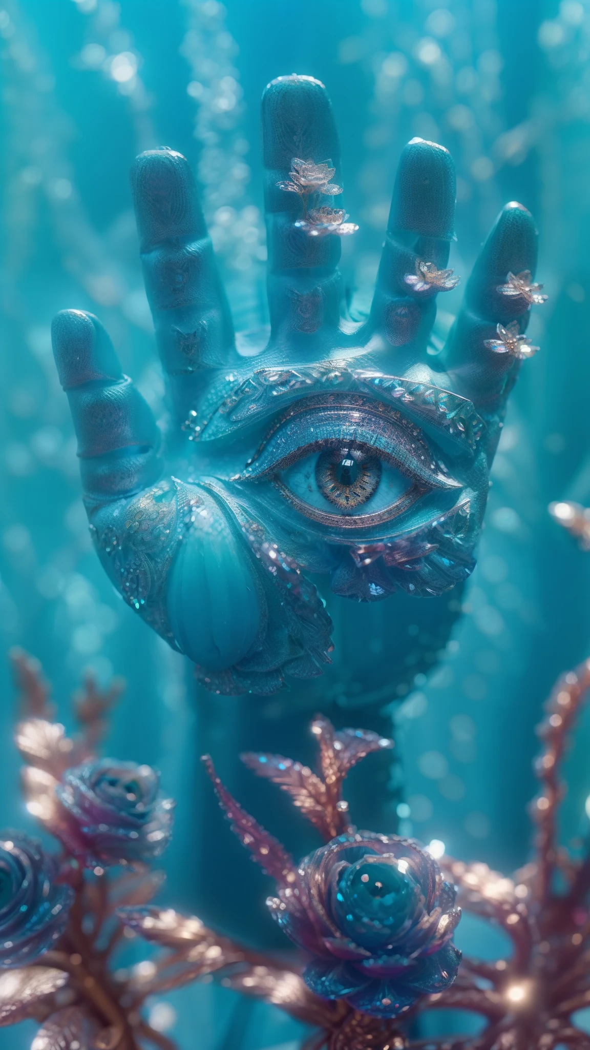 A statue inlaid with five fingers,Beautifully meticulous,Slender appearance,elicate and refined,Shining with crystal light;Engraved with intricate mandala motifs,It presents the magnificence and delicacy of crystal。(((The eyes are deeply embedded in the middle of the palm)))。