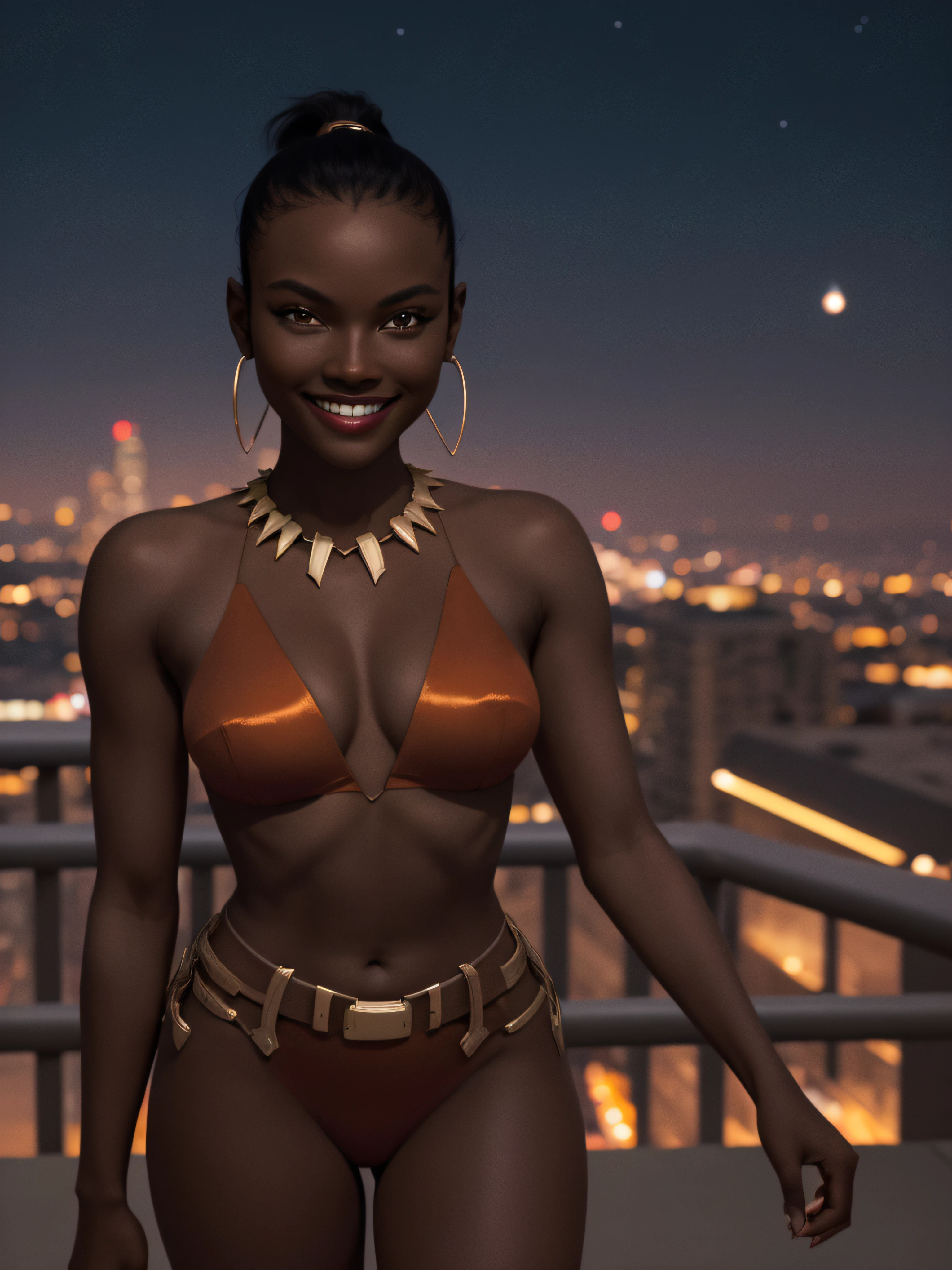 ((masterpiece,best quality)), absurdres,
Vixen_JLU, dark skin, 1girl, 
solo, smiling, looking at viewer, cowboy shot,
night sky and city lights in background, cinematic composition, dynamic pose,