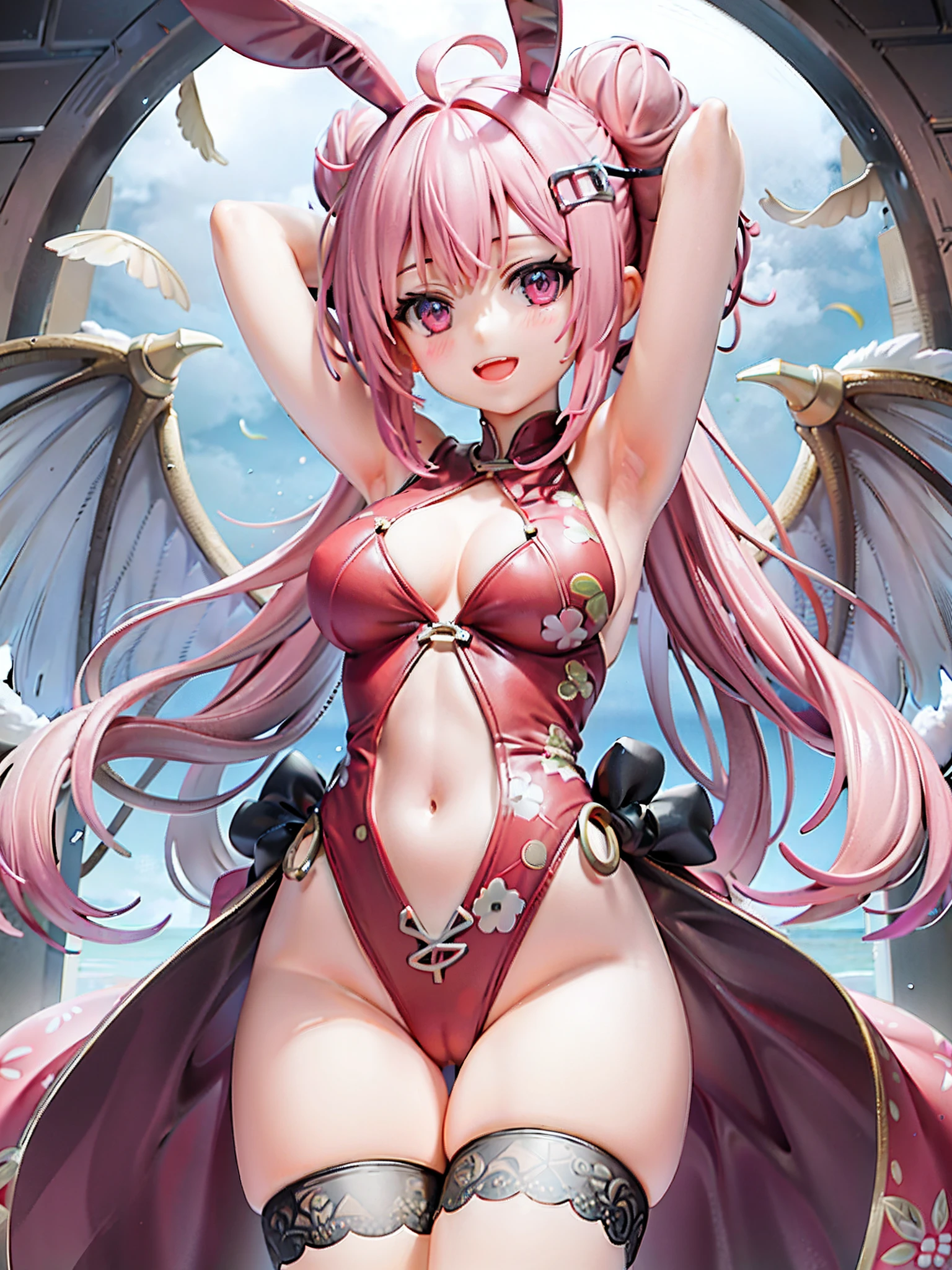 1girl, solo, purple hair, one piece, pigtails, smile, two tails, open mouth, look at me, hands on buttocks, pink one piece, :d, bare shoulders, purple eyes, outdoors , arms up, long hair, clavicle, pigtails, bangs, bare shoulders, sky, short sleeves, shoulder dress, pink eyes, sky, teeth
