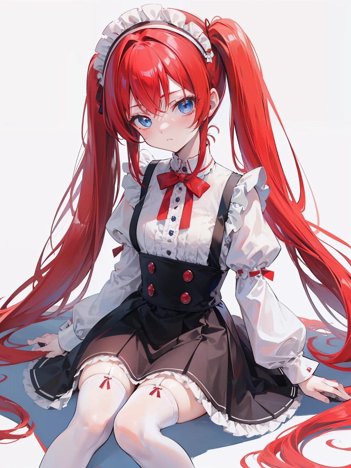 red hair,blue eyes,twintails,maid, long hair, long sleeves, gothic, solo, ,Short skirt, white stockings,{{best quality}}, {{masterpiece}}, {{ultra-detailed}}, {illustration}, {detailed light}, {an extremely delicate and beautiful},litte,