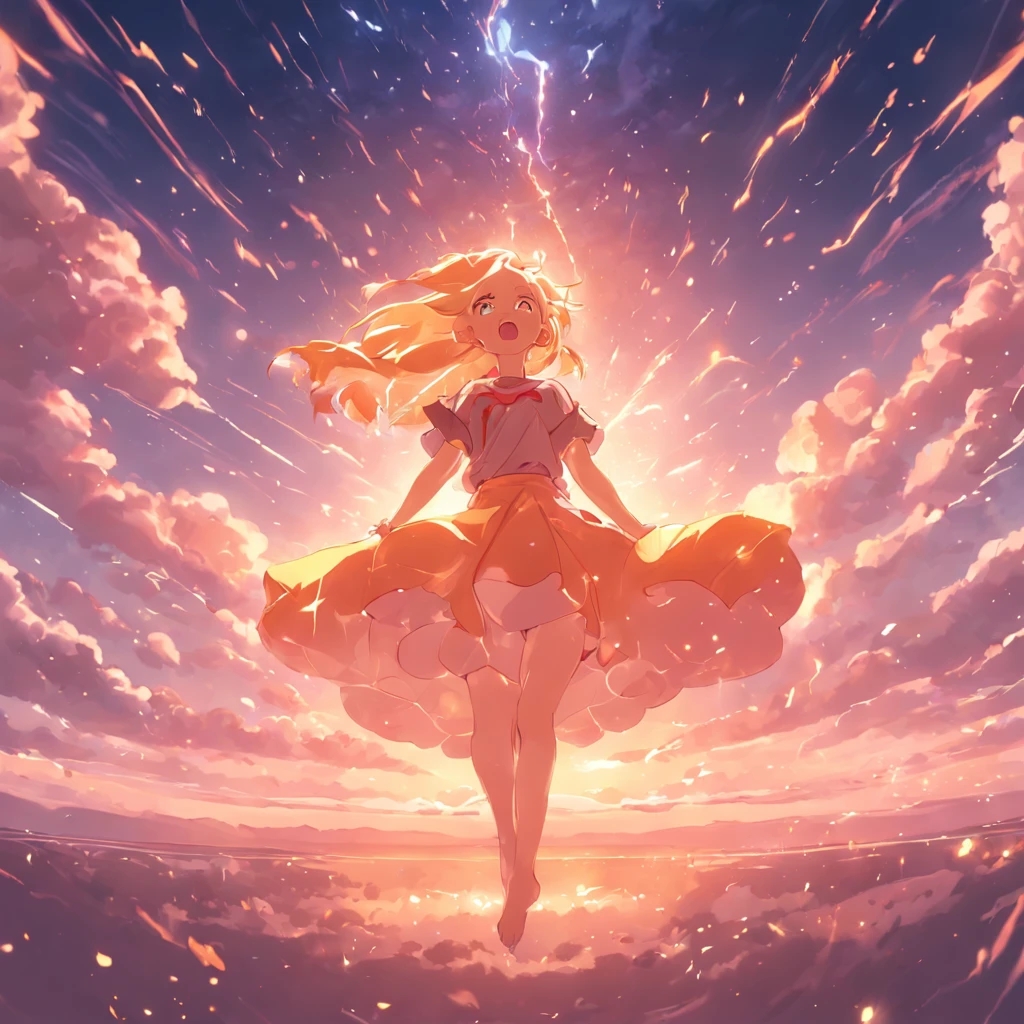 "((fantasy art)) featuring an alien girl, immersed in a heavenly symphony, clouds turn into bright splashes, flowers are scattered, like notes in the wind, visual orchestration of color and wonder"