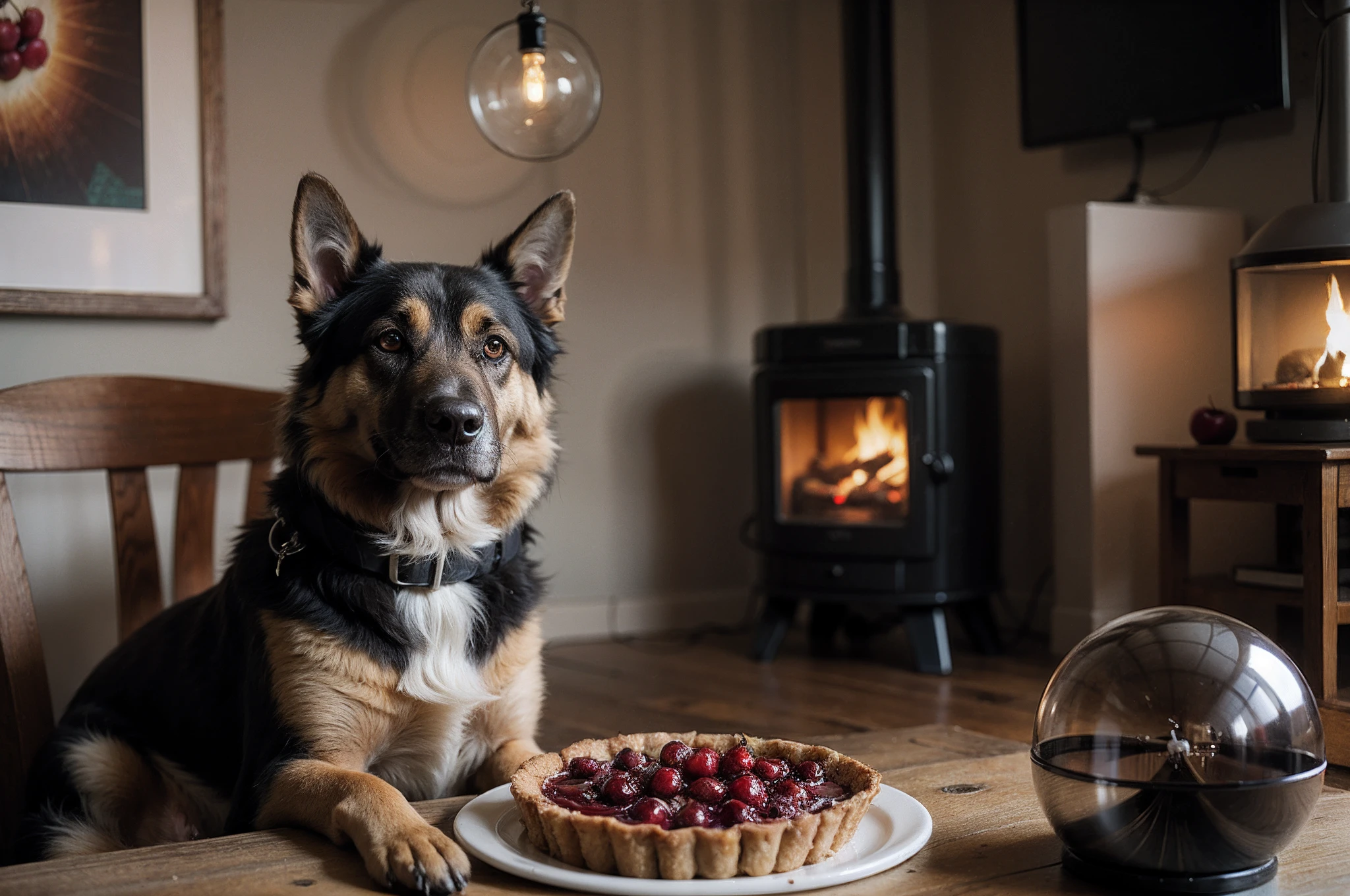 Photograph of a German Shepherd dog sitting next to a warm cherry pie, warm atmosphere, Captured by Panavision Panaflex Platinum Camera with Panavision Primo Primes Spherical Lens 50mm T1.9