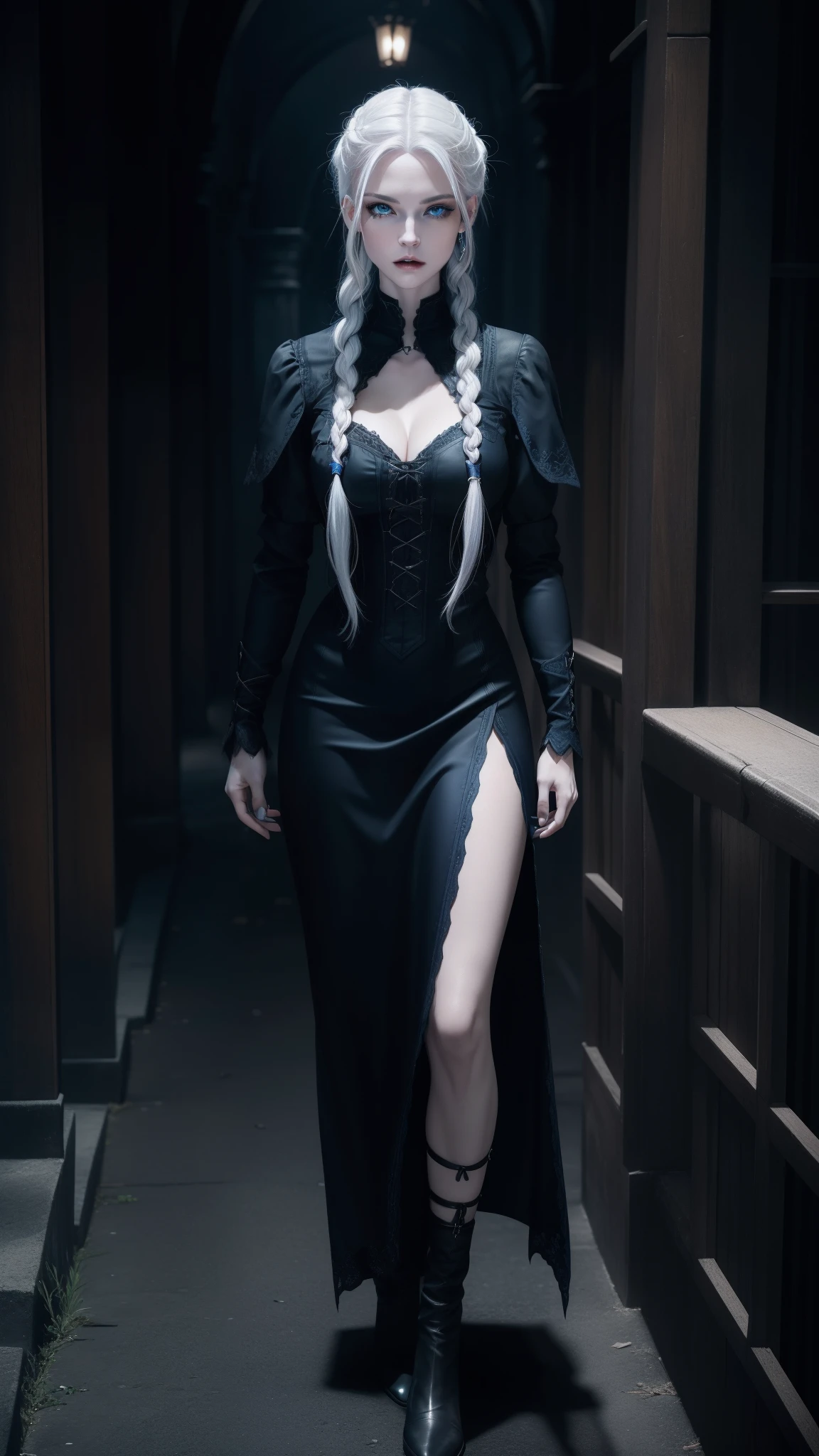1 vampire adult woman with ((full body):1.5, ((intense blue eyes:)1.5, (best eyes details possible):1), white hair with braids:1.3, pale-skinned), (alone), masterpiece, 16k, UHD, best possible quality, ((best possible detail):1), best possible resolution, Unreal Engine 5, professional photography