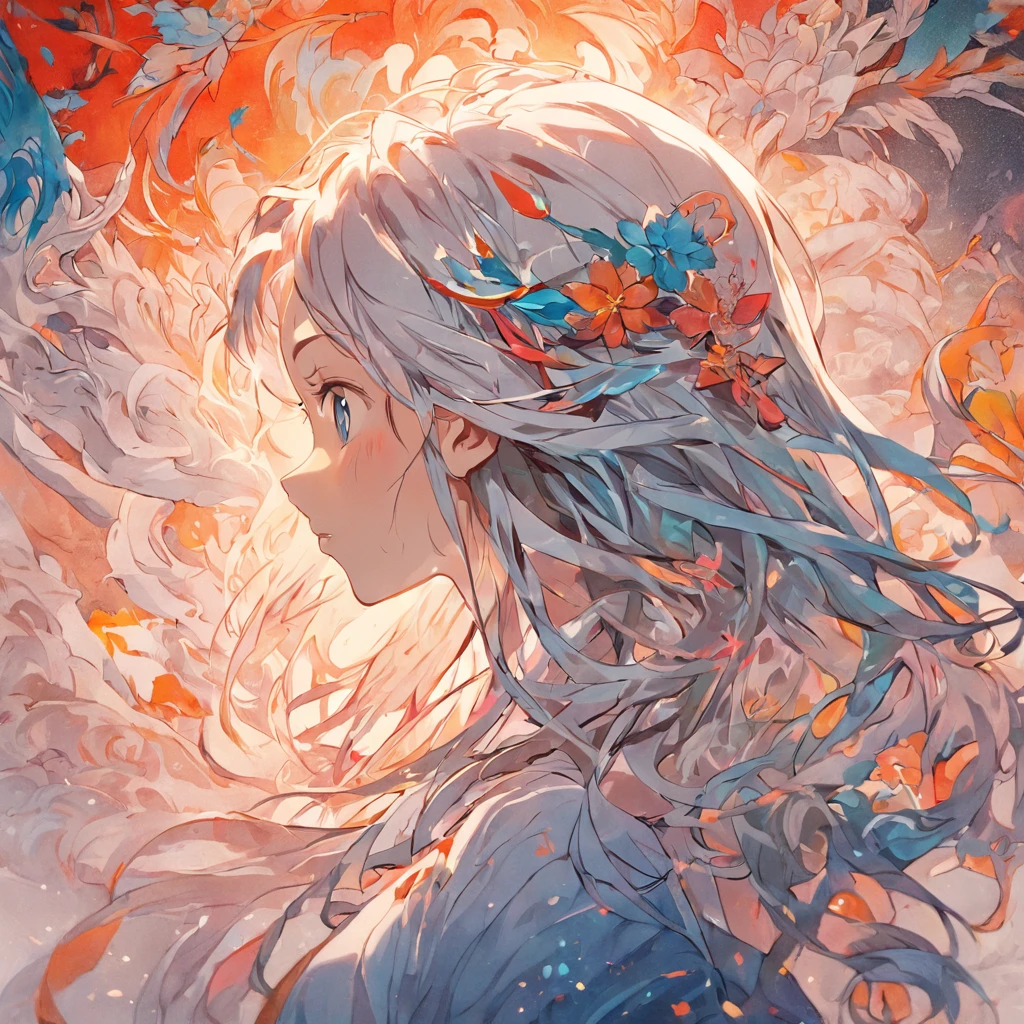 (White background:1.4),(Silhouette of a girl's head, Eyes closed, colorfull long hair, Oriental elements),(Chinese illustration:1.3,paper art:1.3, Quilted paper art:1.2),( reasonable design, Clear lines, High sharpness,Best quality, Very detailed, Masterpiece, movie light effect, 4K )