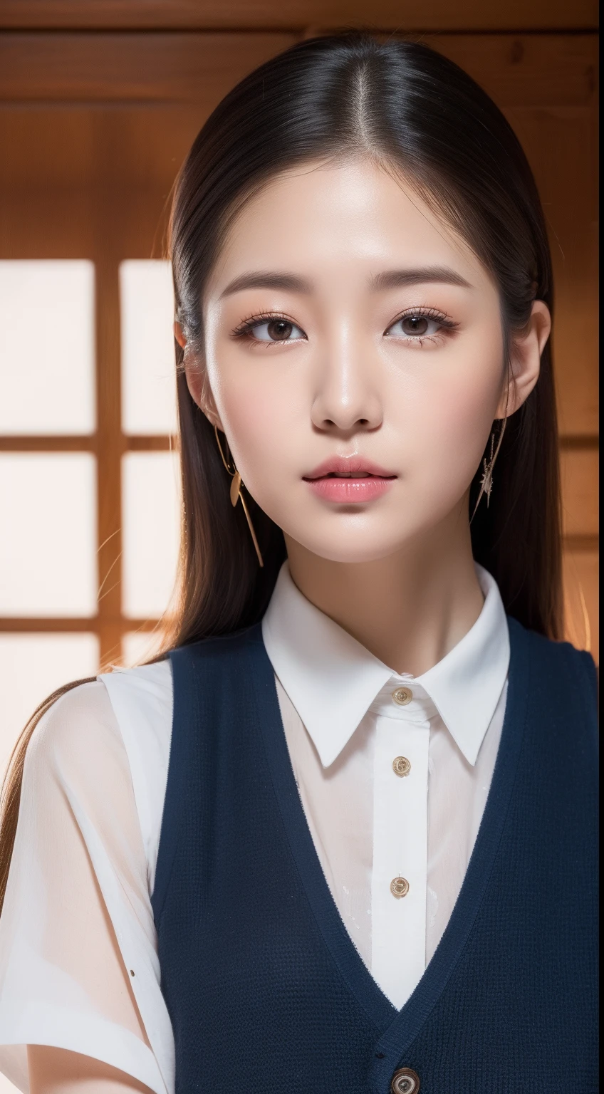 realistic photos of 1 cute Korean star, long hair slicked back, white skin, thin makeup, 32 inch breasts size, wearing vest, pants, in the wooden house, close-up portrait, UHD