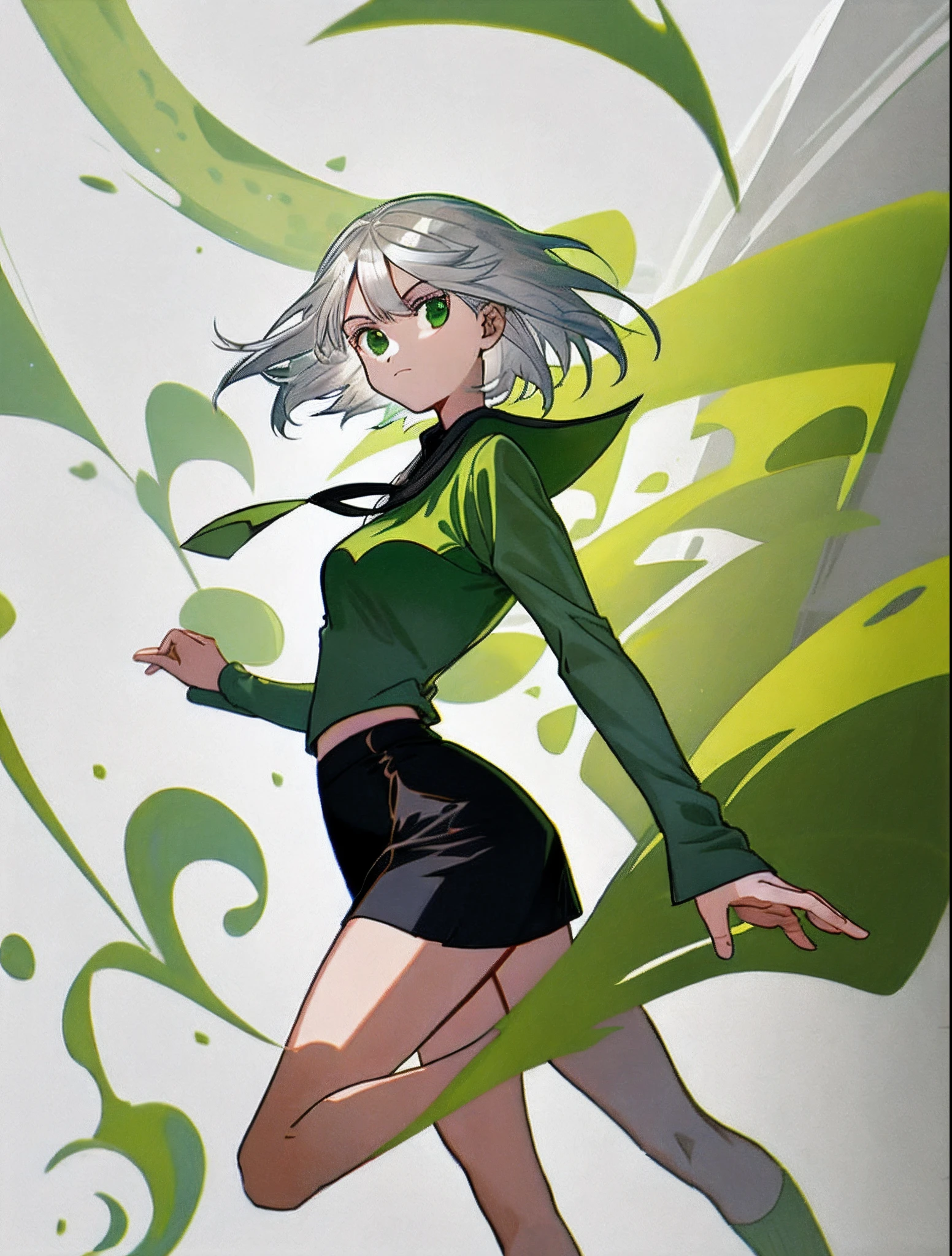 Draw a two-dimensional image of a silver-white hair color matcha green hot girl style short skirt