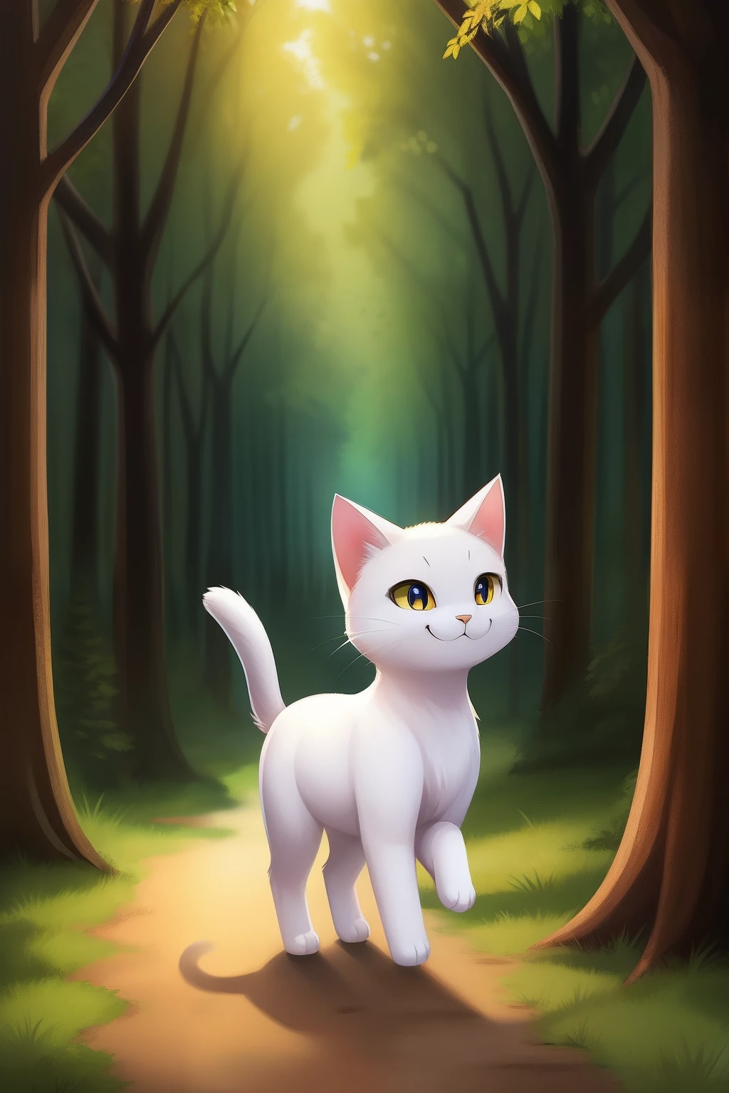 White cat walking in the forest、Delighted、quadrupedal walking