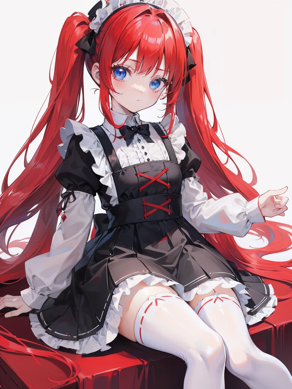 red hair,blue eyes,twintails,maid, long hair, long sleeves, gothic, solo, loli,Short skirt, white stockings,{{best quality}}, {{masterpiece}}, {{ultra-detailed}}, {illustration}, {detailed light}, {an extremely delicate and beautiful},little girl,cute,