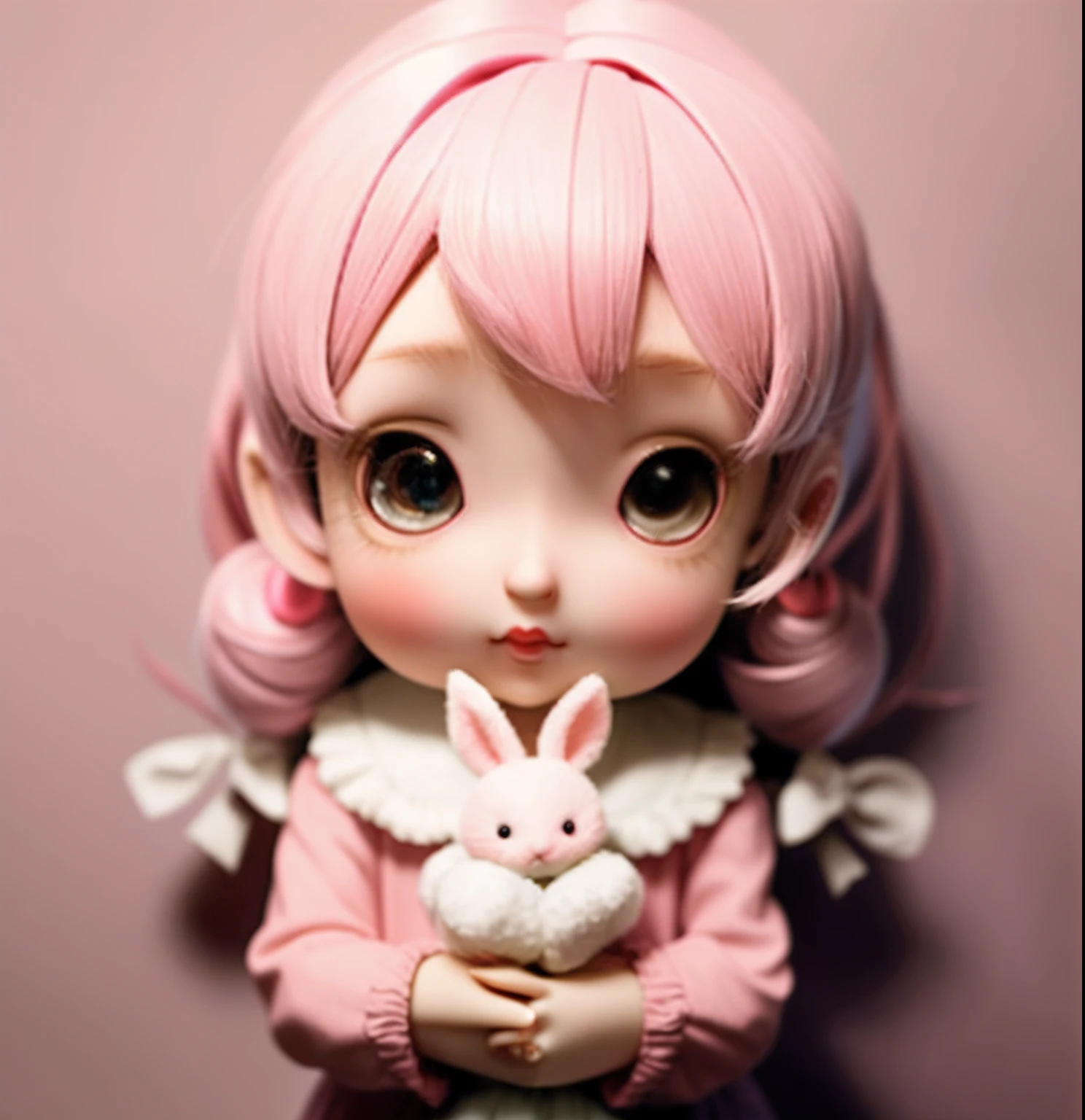 There is a doll with pink hair holding a stuffed animal, ultrarealistic sweet bunny girl, Kawaii realistic portrait, ball jointed doll, Loli, cute girl with short pink hair, cute fumo plush bunny girl, cute kawaii girls, Cute Pocelain doll, beautiful pink little alien girl, Pink girl, original chibi bunny girl, small loli girl，anatomically correct