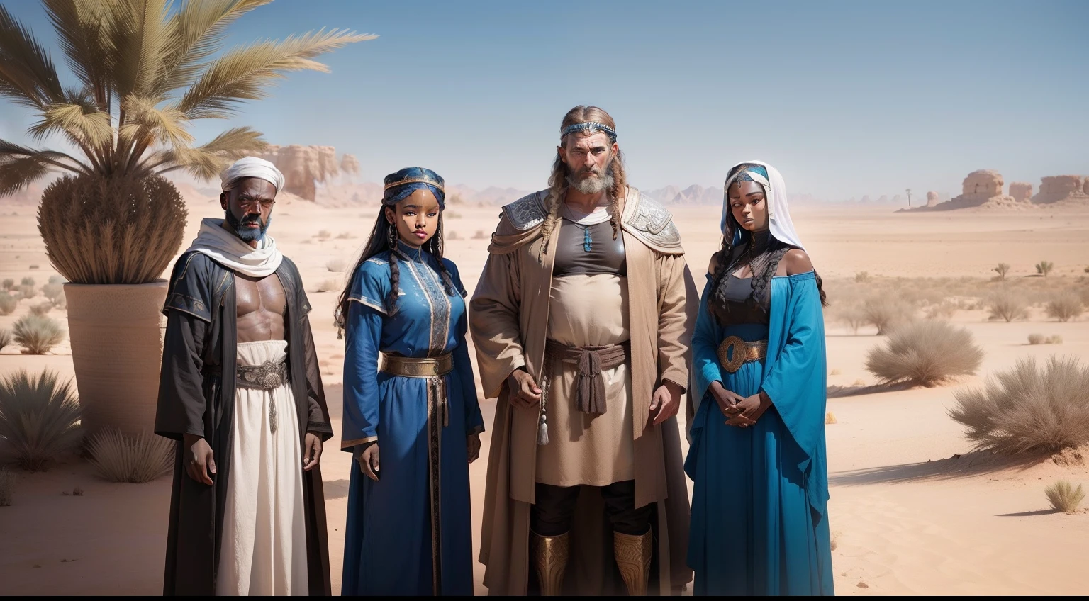 A man from biblical times wearing robes with two blue-eyed Black girls wearing clothes from biblical times in an oasis of desert palm trees