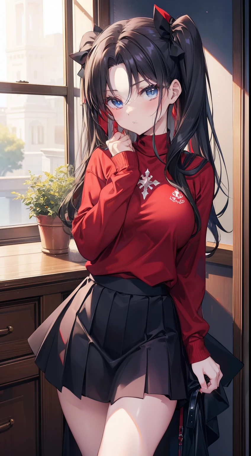 (best quality), [master piece], (Tohsaka too.), sexy pose, medium breast, red sweater and black skirt, black thighs, black twin tails, blue eyes, in the fantasy world, field, indoor, standing