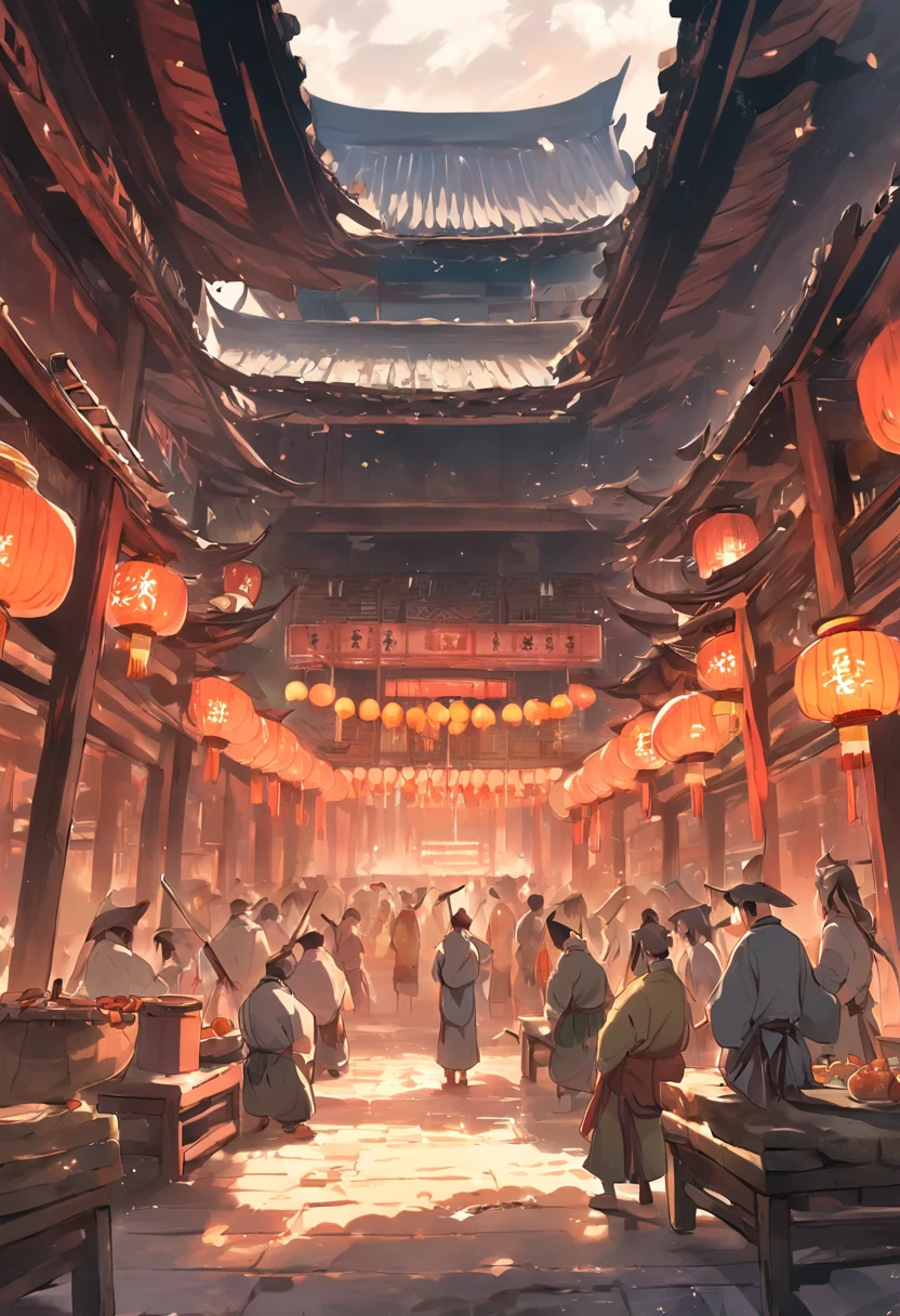 The wide courtyard in the village house of the Tang Dynasty men gathered to eat,Drink bleak colors