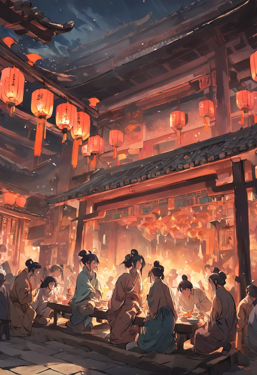 The wide courtyard in the village house of the Tang Dynasty men gathered to eat,Drink bleak colors