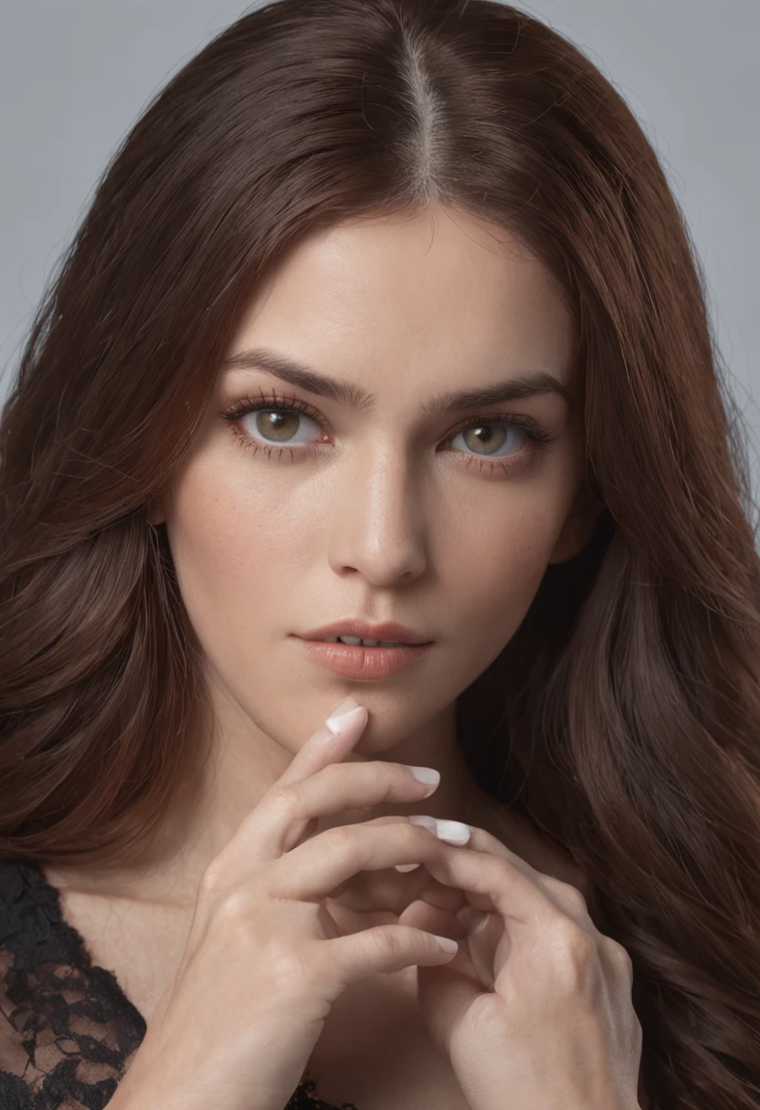An ultra-realistic-looking cinematic woman is depicted in a detailed close-up. His face is meticulously drawn, revealing striking and expressive traits. with a serious and mysterious expression, She raises her index finger (indicador) to her lips, Making the classic gesture of Siiliencio. Her eyes convey intensity and her expression reveals that she holds deep secrets. Let your imagination run wild as you unravel the hidden mysteries behind this cinematic headshot. ::n_ distortions in the hand.