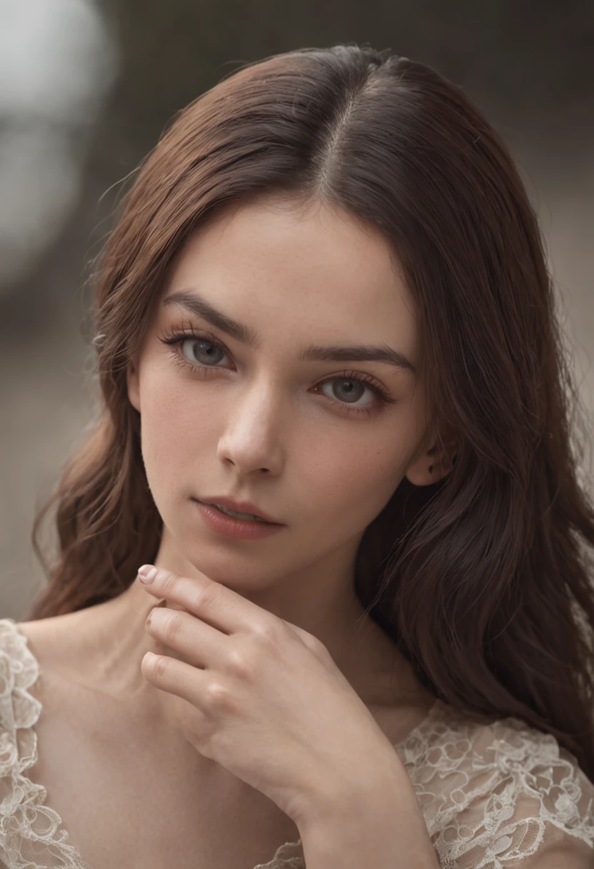 An ultra-realistic-looking cinematic woman is depicted in a detailed close-up. His face is meticulously drawn, revealing striking and expressive traits. with a serious and mysterious expression, She raises her index finger (indicador) to her lips, Making the classic gesture of Siiliencio. Her eyes convey intensity and her expression reveals that she holds deep secrets. Let your imagination run wild as you unravel the hidden mysteries behind this cinematic headshot. ::n_ distortions in the hand.