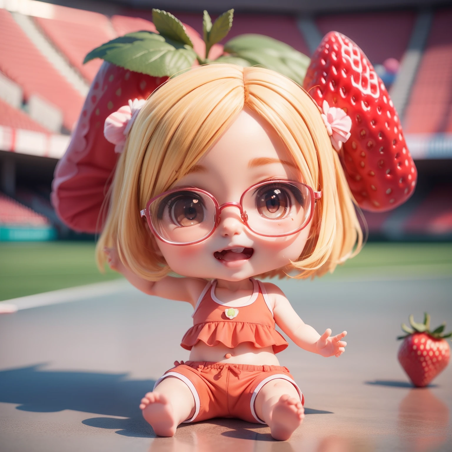 Cute Baby Chibi Anime、(((chibi 3d))) (Best Quality), (masutepiece)、National Stadium、Javelin Chibi、Glasses with strawberry decoration、Strawberry Tank Top、Strawberry Shorts、Open your mouth and smile、