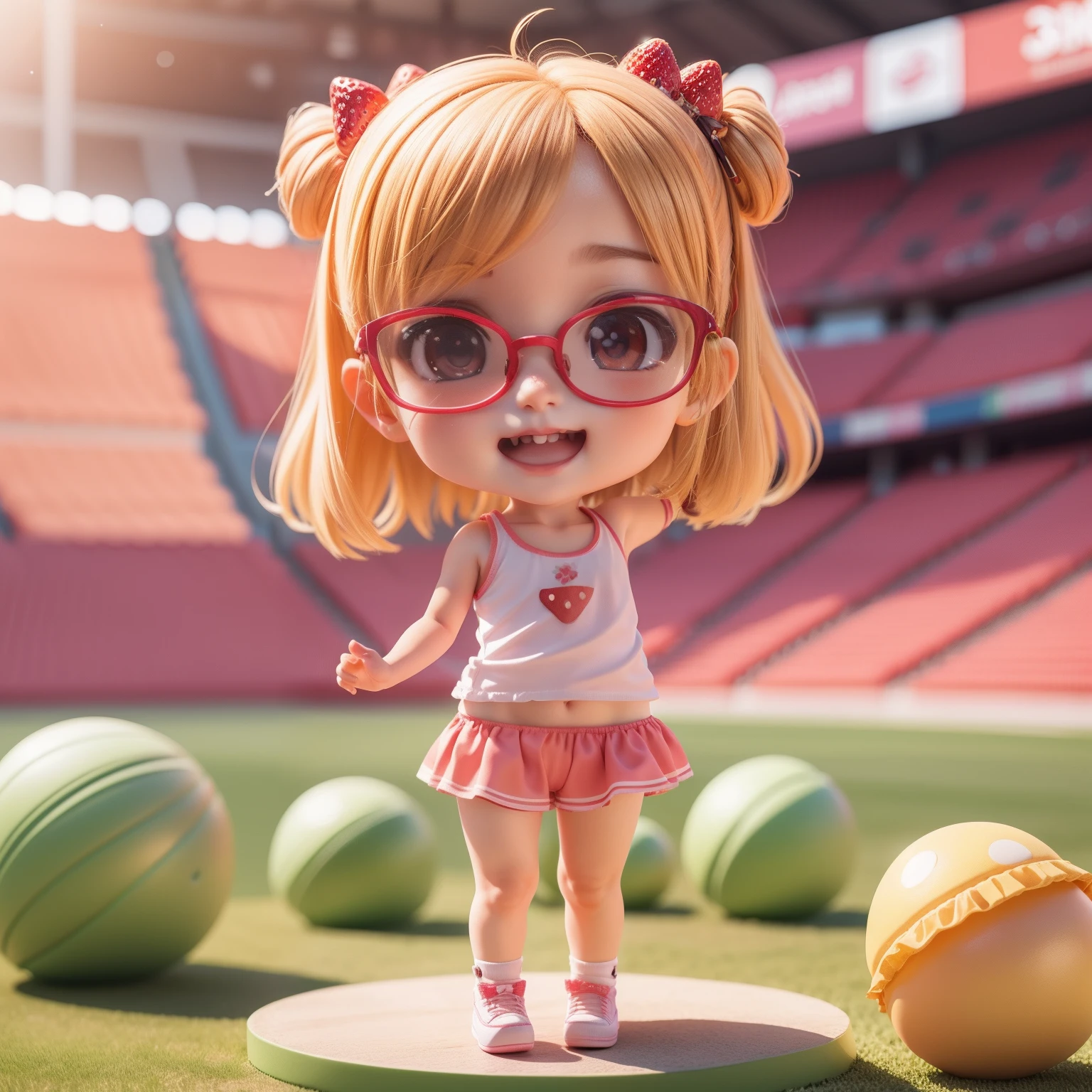 Cute Baby Chibi Anime、(((chibi 3d))) (Best Quality), (masutepiece)、National Stadium、Javelin Chibi、Glasses with strawberry decoration、Strawberry Tank Top、Strawberry Shorts、Open your mouth and smile、