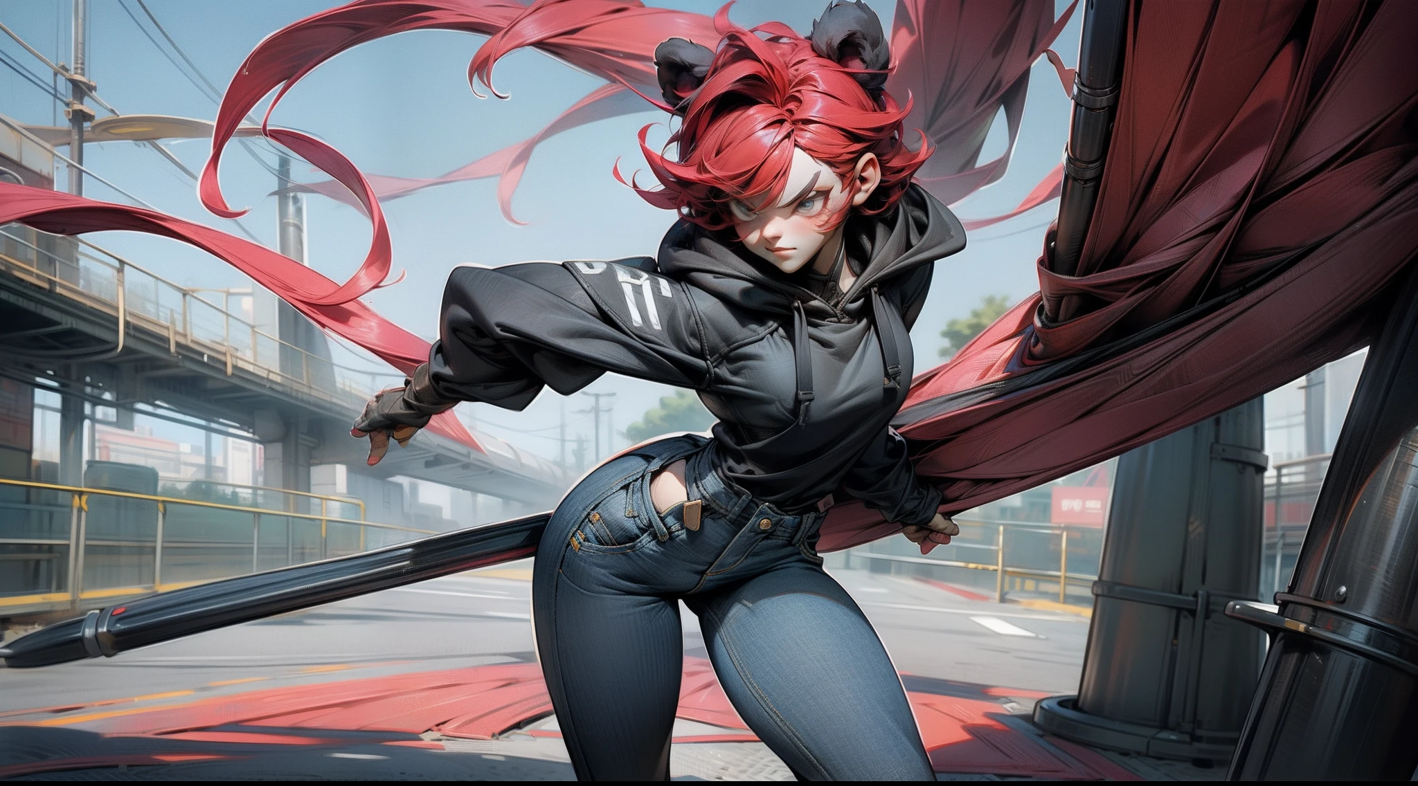 {{{{ masterpiece }}}},{{{{ 4K }}}},{{{{ badass anime 8 k }}}}, {{{{{{{{ short hair }}}}}}}}, {{{{{{{{ red hair }}}}}}}}, {{{{{{{{ black hoodie }}}}}}}},adult body proportions, athletic body,short jean, (extremely detailed CG, ultra-detailed, best shadow), (scenery: 1.2), panda ear,,