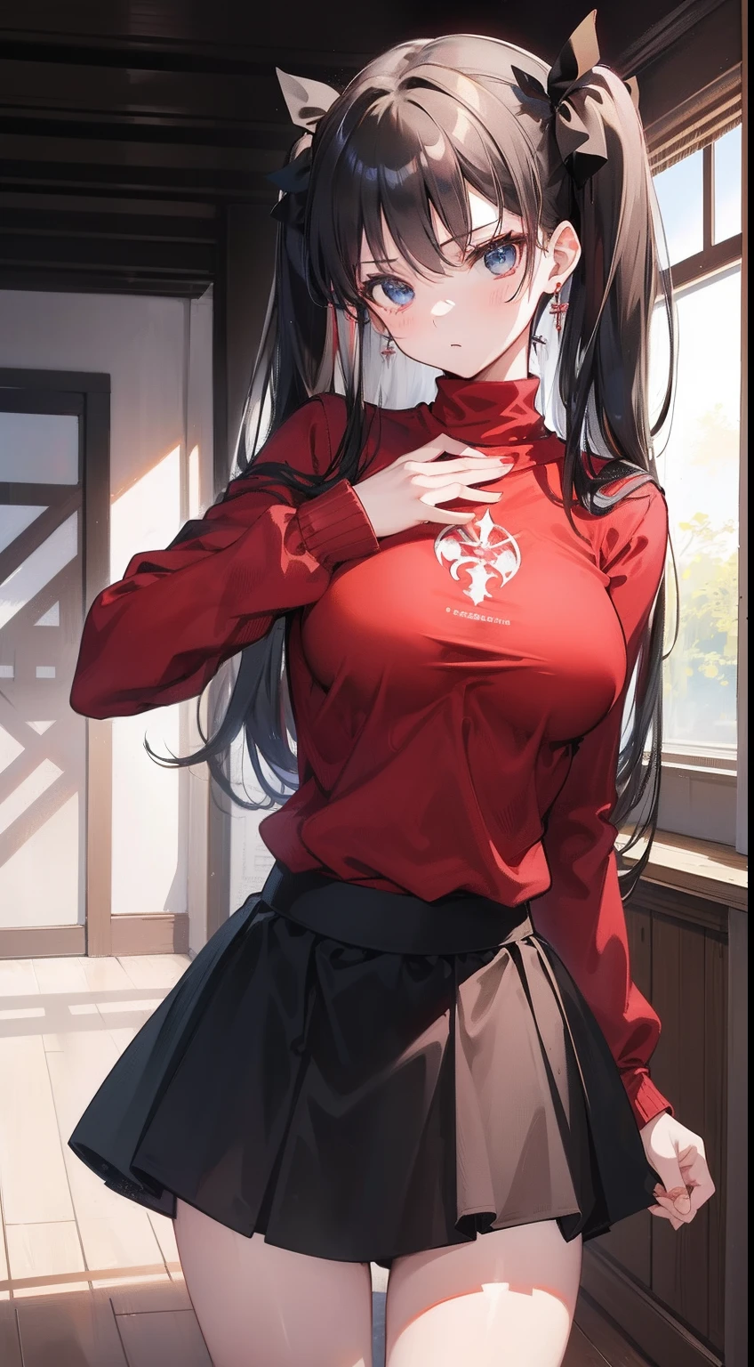 (best quality), [master piece], (Tohsaka too.), sexy pose, medium breast, red sweater and black skirt, black thighs, black twin tails, blue eyes, in the fantasy world, field, indoor, standing