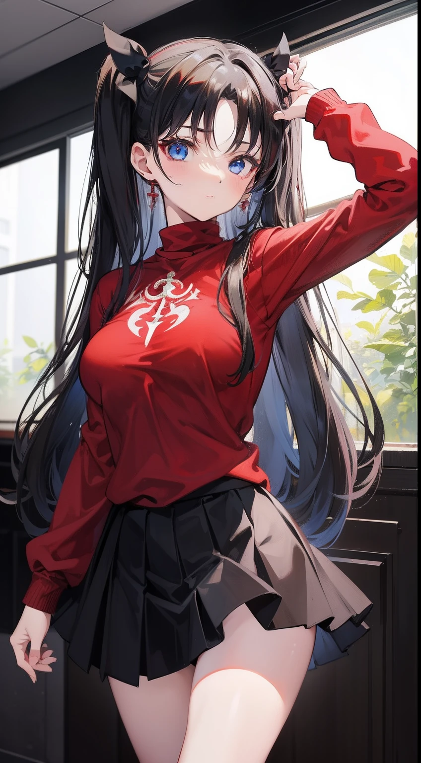 (best quality), [master piece], (Tohsaka too.), sexy pose, medium breast, red sweater and black skirt, black thighs, black twin tails, blue eyes, in the fantasy world, field, indoor, standing