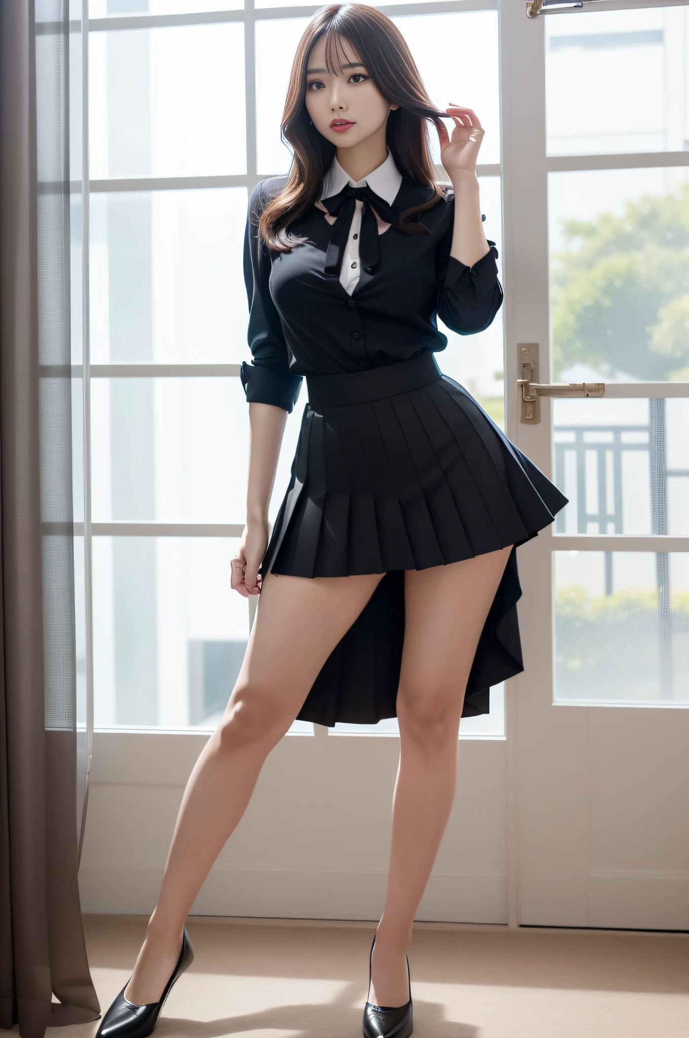 Charming beauties、Officelady、frill shirt、Black pleated skirt、black pantyhose、charming oval face、二重まぶた、Clear eyes、Dark red lipstick、Beautiful thin legs、toned ankles、The ultra -The high-definition、The ultra-detailliert、Elegant standing figure、Create a slender lower body curve、Expressing adult femininity、top-quality、8K、ultra-detailliert、soio、9 head body、Night、Move ki、The Darkness、seductiv、brainwashed、Evil Fall、wicked、darkness