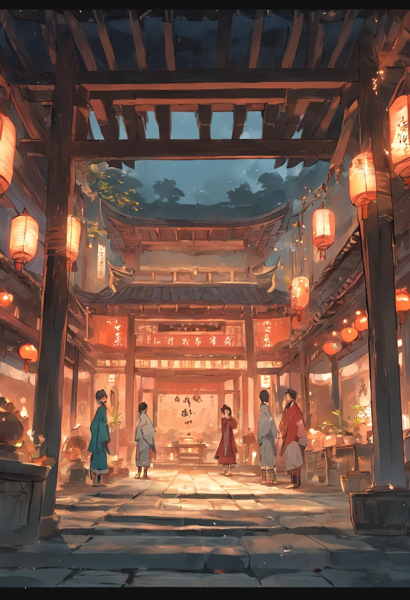 The wide courtyard in the village house of the Tang Dynasty men gathered to eat，Drinking bleak colors without lights