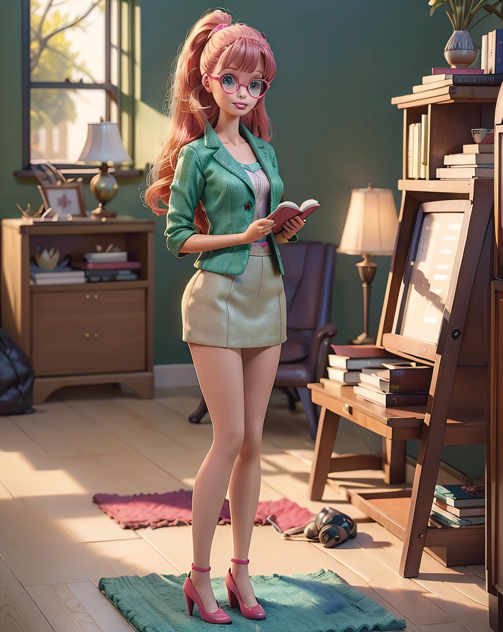 (masterpiece, high resolution, photorealistic:1.3), Barbie doll, (ts_barbie:1.2), transformed into a librarian, (crimson red hair:1.2), (emerald green eyes:1.2), wearing stylish librarian glasses, (tweed blazer and skirt:1.2), vintage bookshelves, leather-bound books, reading glasses on a chain, wooden desk with a brass lamp, polished oak floor, cozy reading nook, warm and inviting atmosphere, afternoon sunlight streaming through tall windows, soft focus background, serene expression, composition: looking at viewer, vibrant, sophisticated, retro charm.