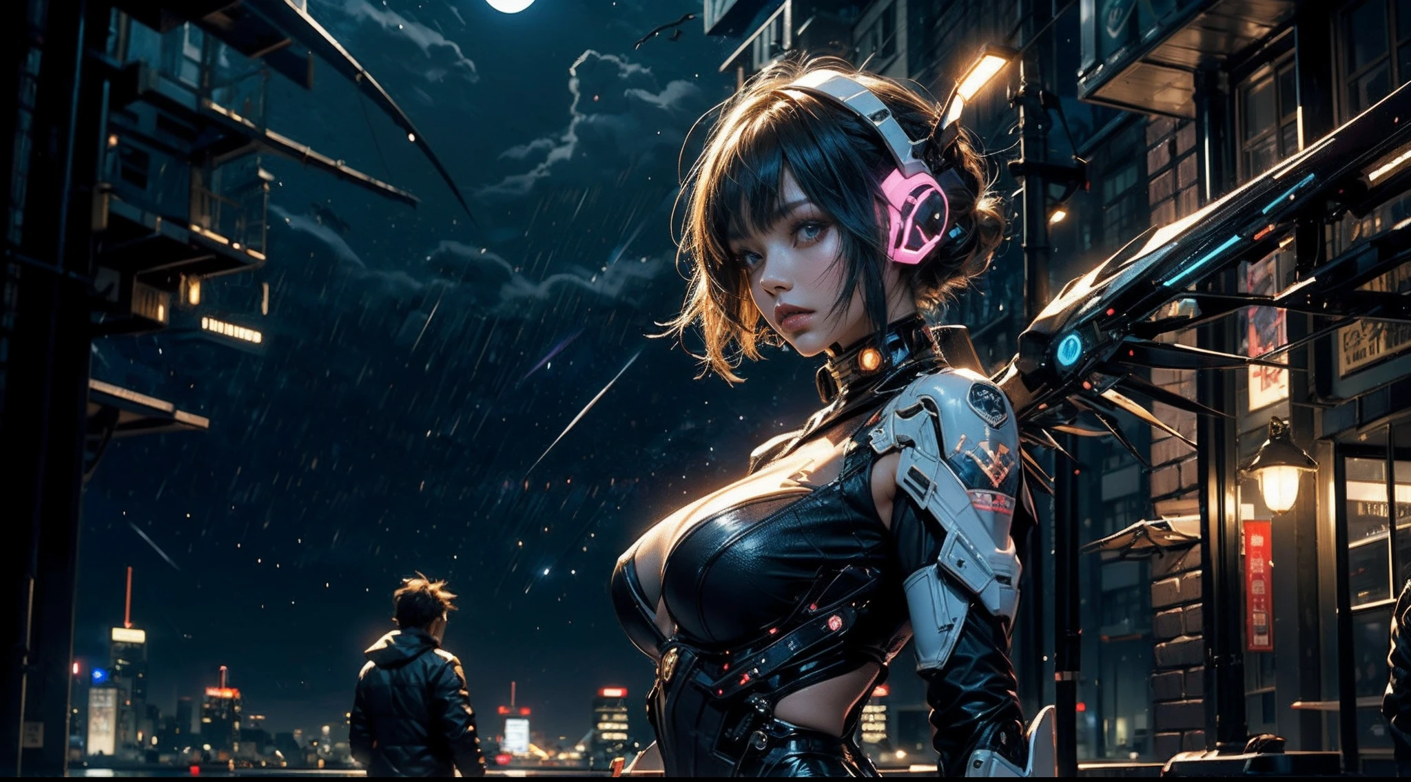 Highest image quality，Outstanding details，超高分辨率，（fidelity：1.4），The best illustration，Favor the details，Kizi，mech wings，The background is a high-tech lighting scene in the future city，Bust，Large breasts，((the night:1.8))，cyber punk perssonage，fumo，volumettic light