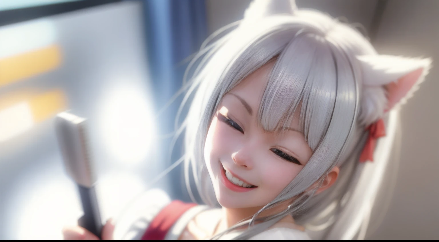 Holding a pure white fender electric guitar, Open, Genki idol flat paint style, silver hair, ribbon, half-closed eyes, cat ears, makeup, smile, mole under eye, high detail, anime, chiaroscuro, cinematic lighting, motion blur, Fujicolor, letterboxed, projected inset, blurry foreground, panorama, lens flare, Wide-Angle, anime style, anime style, UHD, 4K