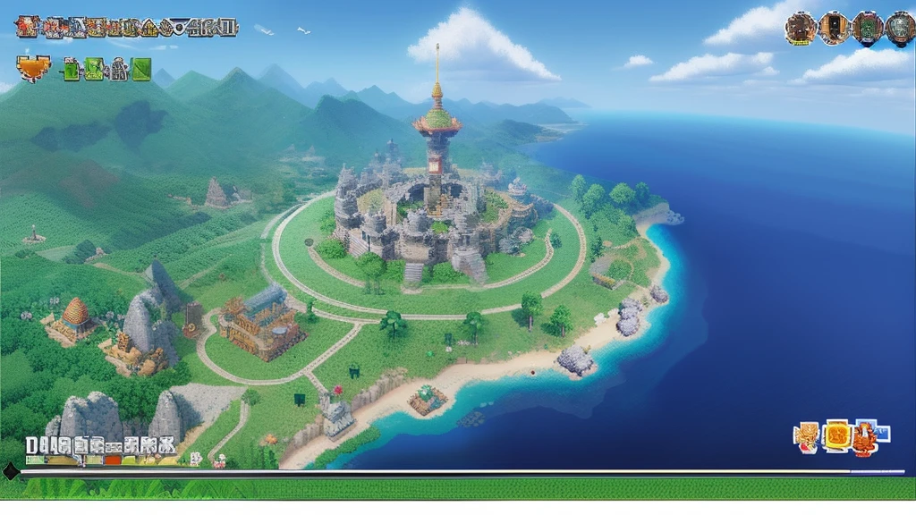 鸟山明风格,Flat pixel games《dragon quest》,Game scene design,(a paradise:1.4),16-bit pixels