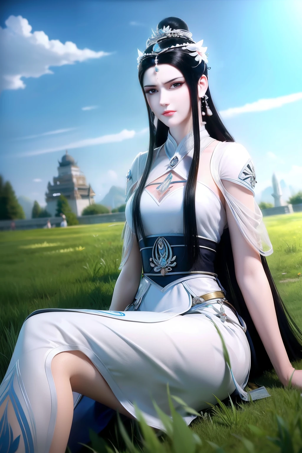 lingqingzhu,grassy fields,sitting,butterflys